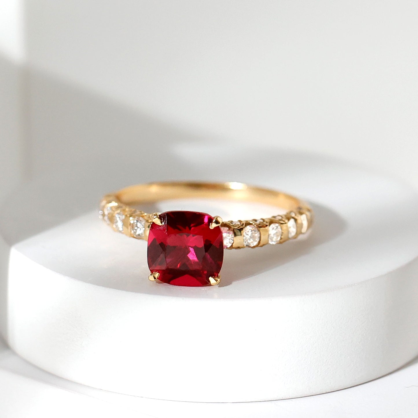 2 Carat Cushion Cut Lab Created Ruby Engagement Ring with Diamond Side Stones
