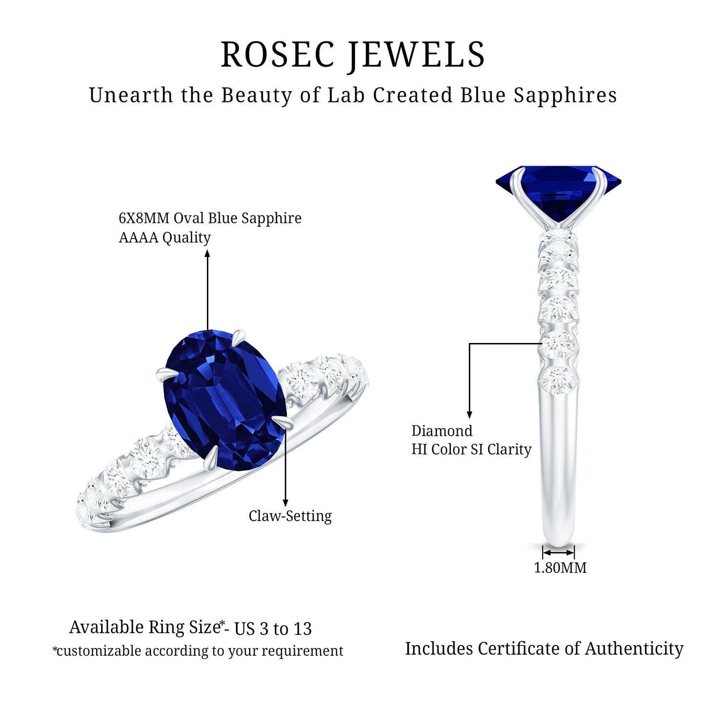 Certified 1.5 Carat Oval Lab Grown Blue Sapphire Engagement Ring with Diamond
