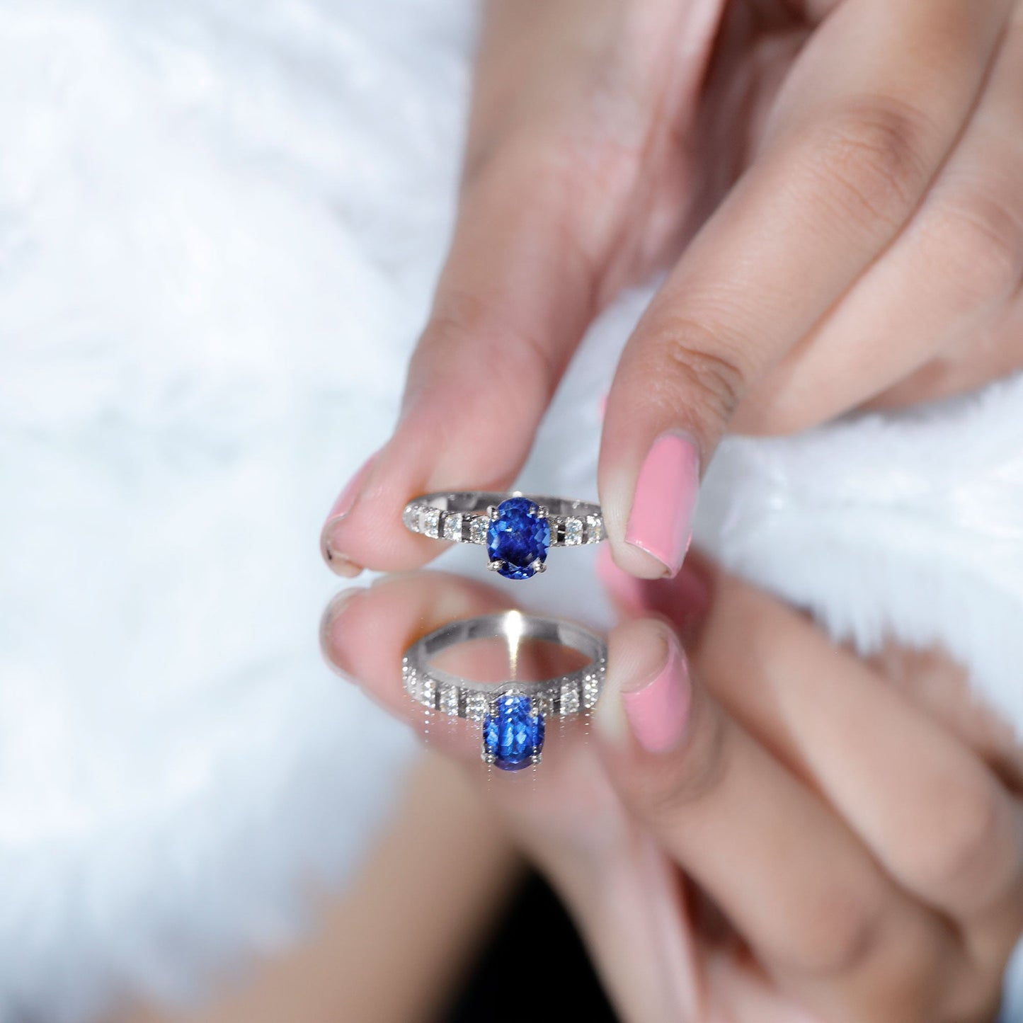 Certified 1.5 Carat Oval Lab Grown Blue Sapphire Engagement Ring with Diamond
