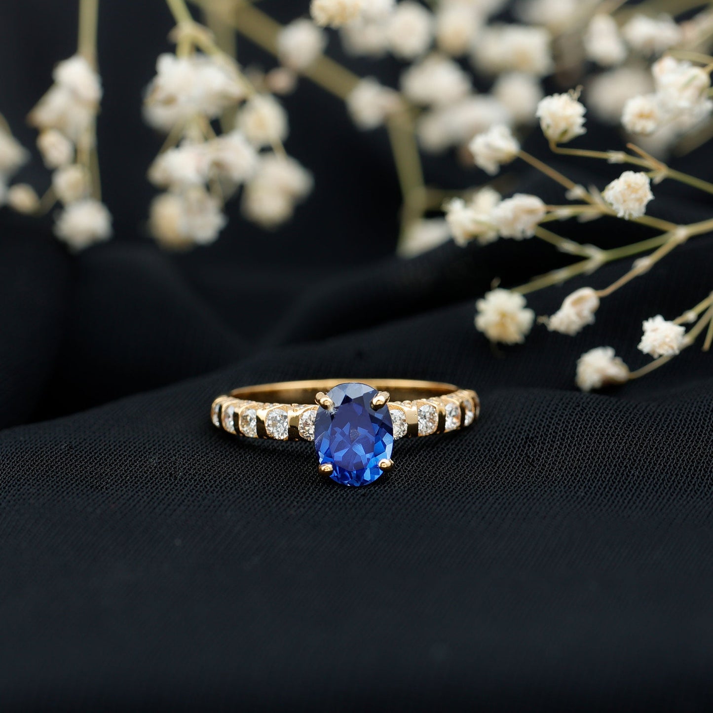 Certified 1.5 Carat Oval Lab Grown Blue Sapphire Engagement Ring with Diamond