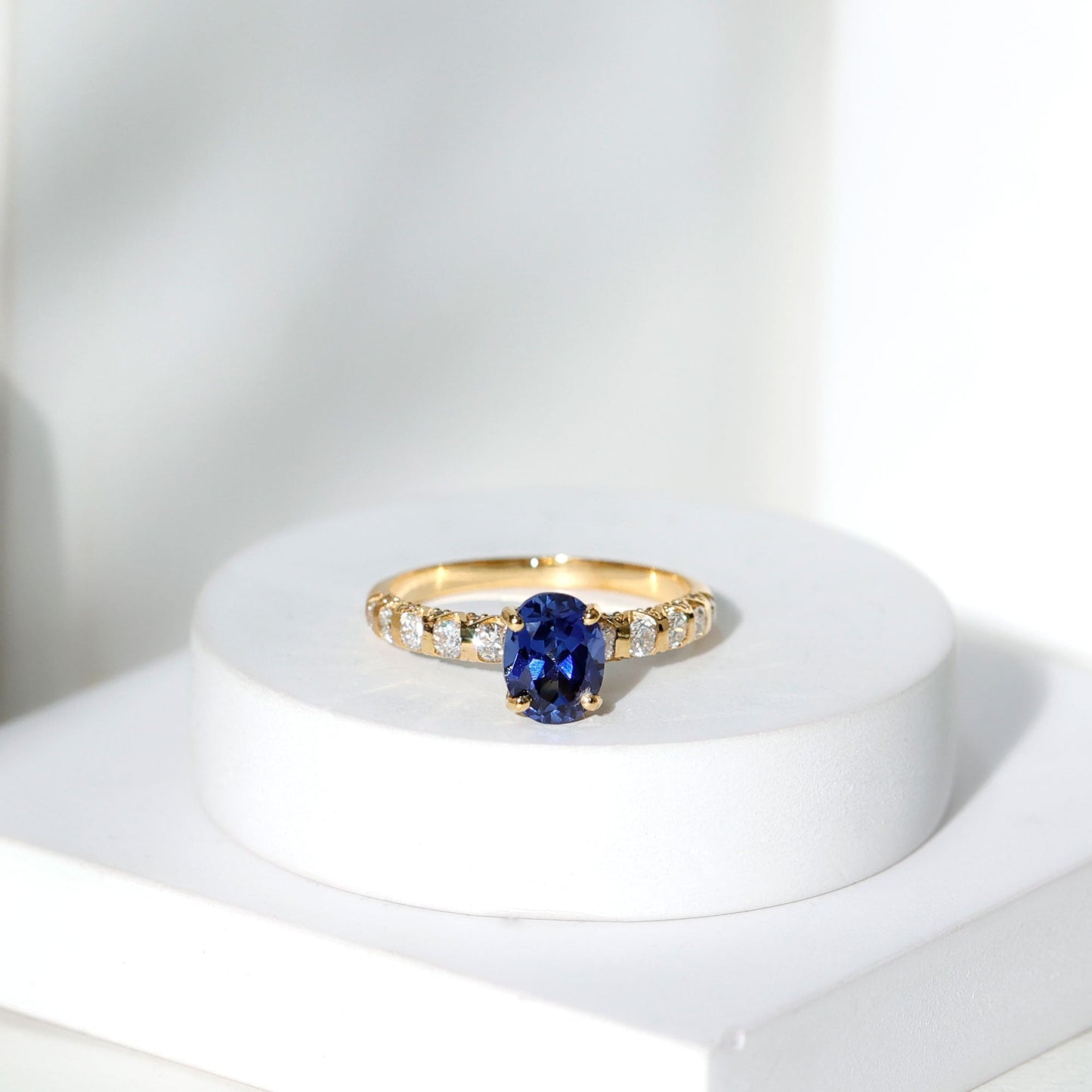 Certified 1.5 Carat Oval Lab Grown Blue Sapphire Engagement Ring with Diamond