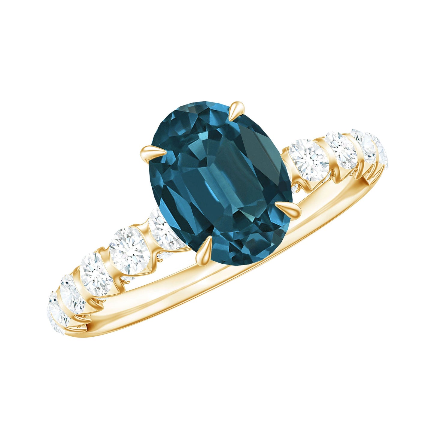 1 Carat Oval Cut London Blue Topaz Solitaire Engagement Ring with Diamond Side Stones