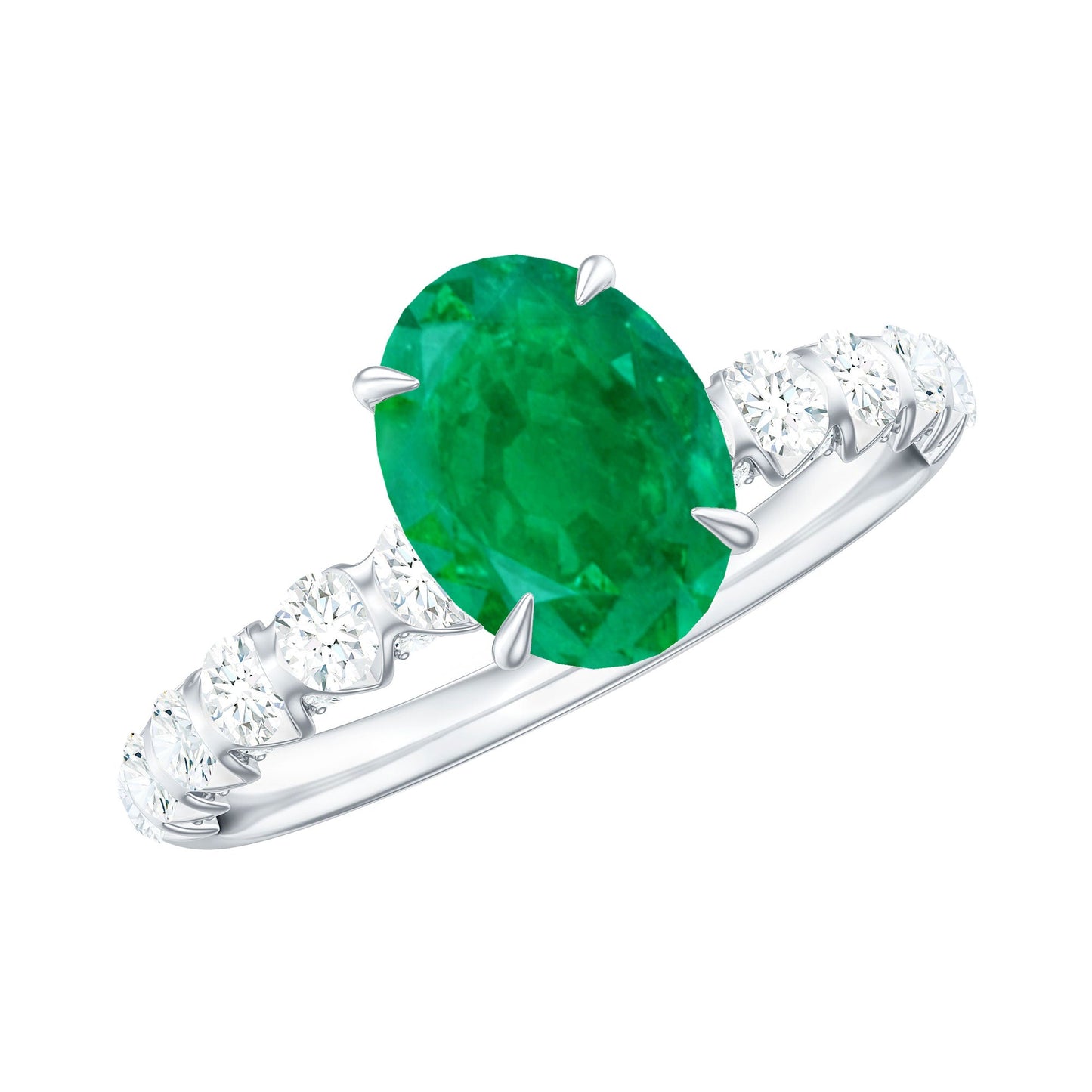 Natural 1.2 Carat Emerald Oval Engagement Ring with Diamond Side Stones