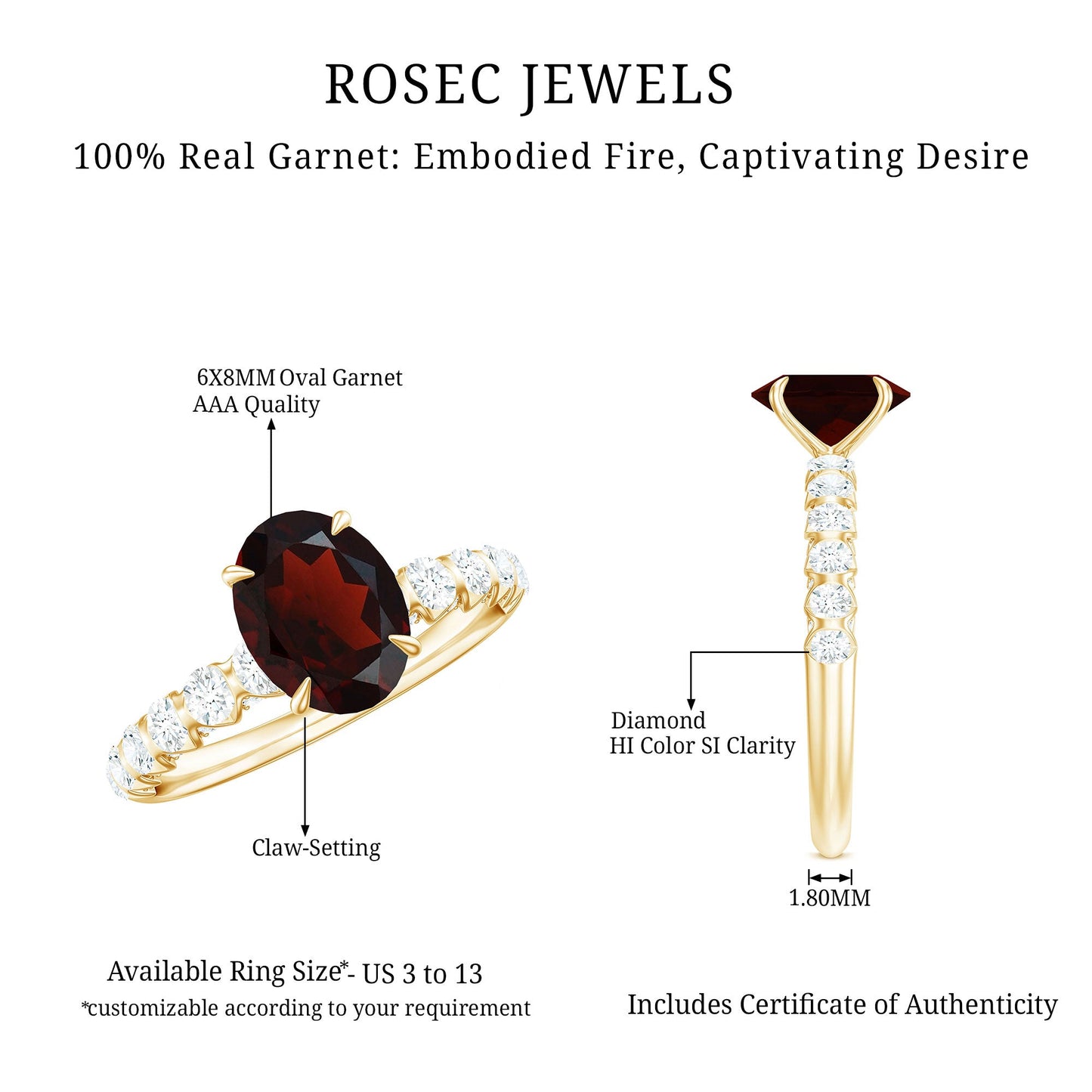 Certified Natural Garnet Oval Engagement Ring with Diamond Side Stones