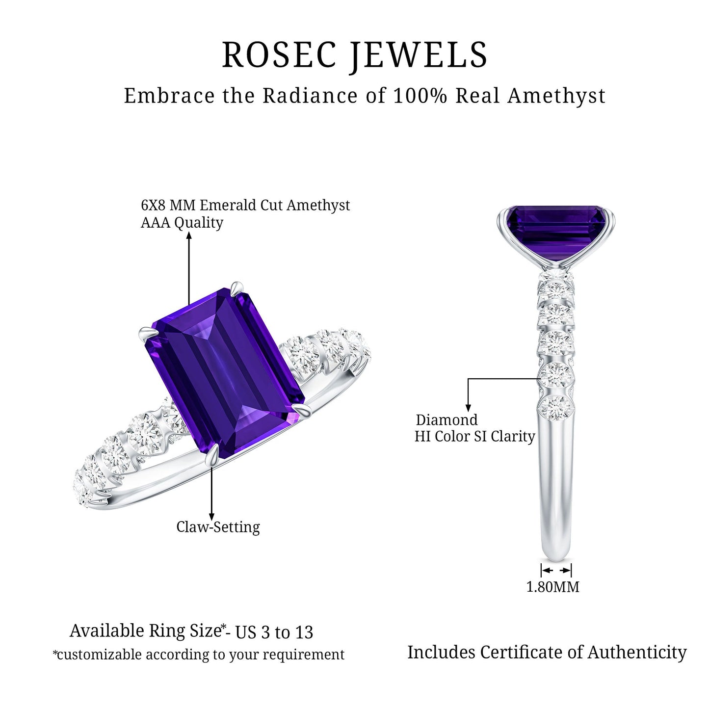Real 1.4 Carat Amethyst Emerald Cut Engagement Ring with Diamond