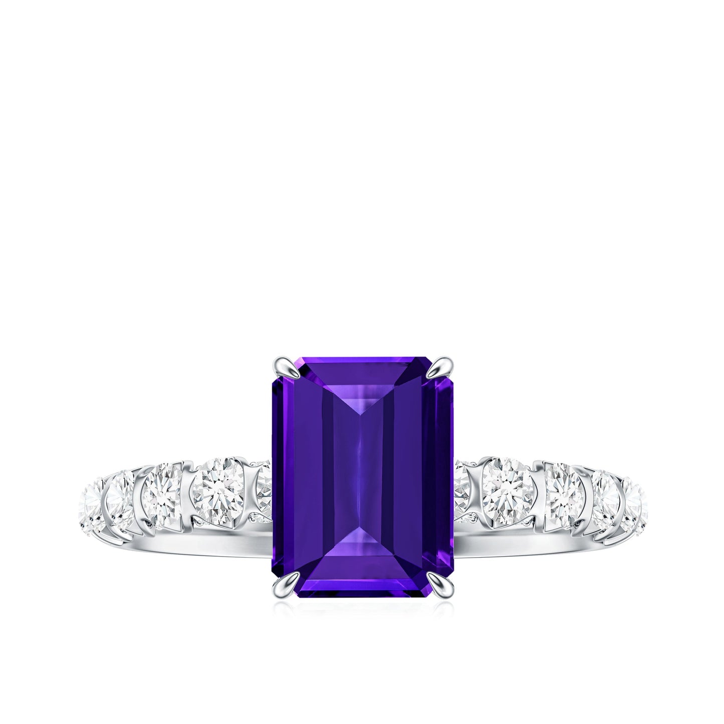 Real 1.4 Carat Amethyst Emerald Cut Engagement Ring with Diamond