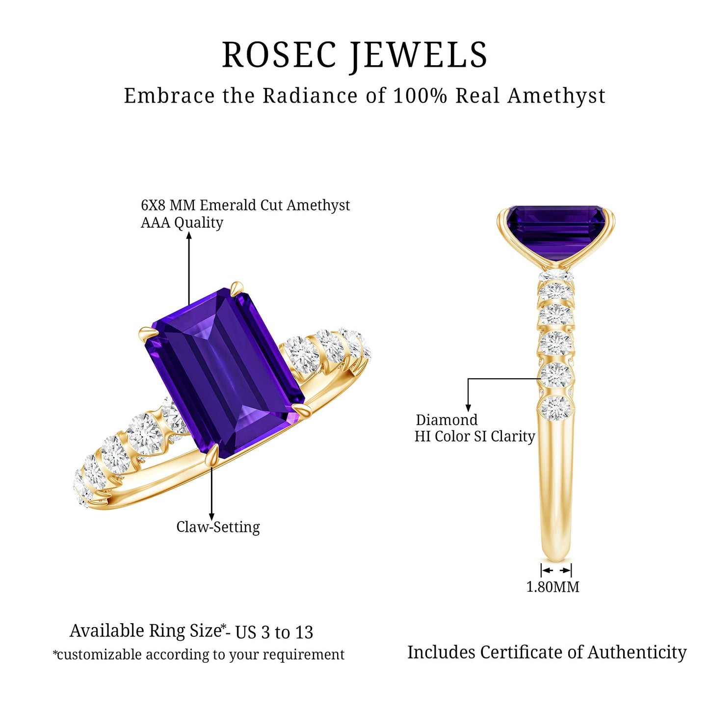 Real 1.4 Carat Amethyst Emerald Cut Engagement Ring with Diamond