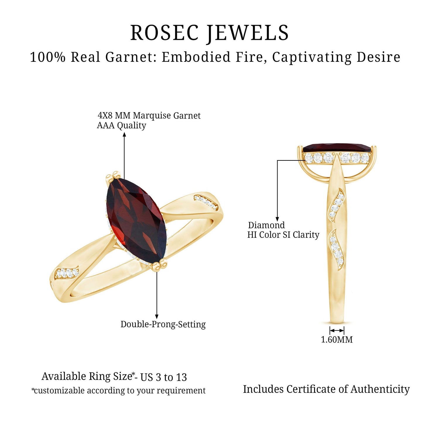 Natural Solitaire Garnet Marquise Engagement Ring with Diamond