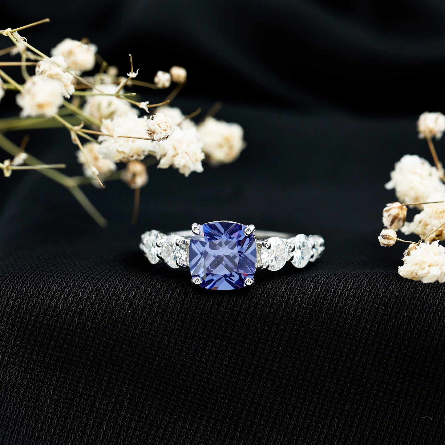 Certified 2.75 Carat Lab Grown Blue Sapphire Cushion Cut Engagement Ring with Moissanite