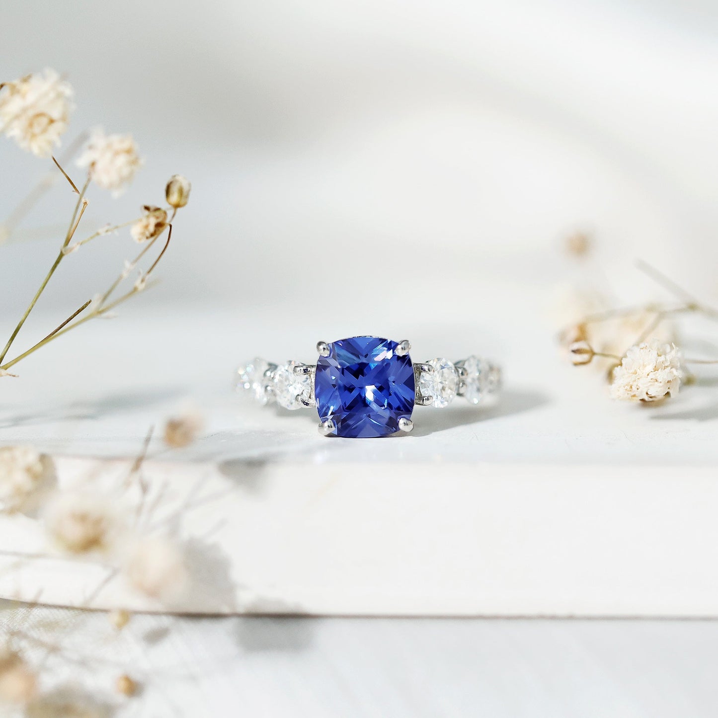 Certified 2.75 Carat Lab Grown Blue Sapphire Cushion Cut Engagement Ring with Moissanite
