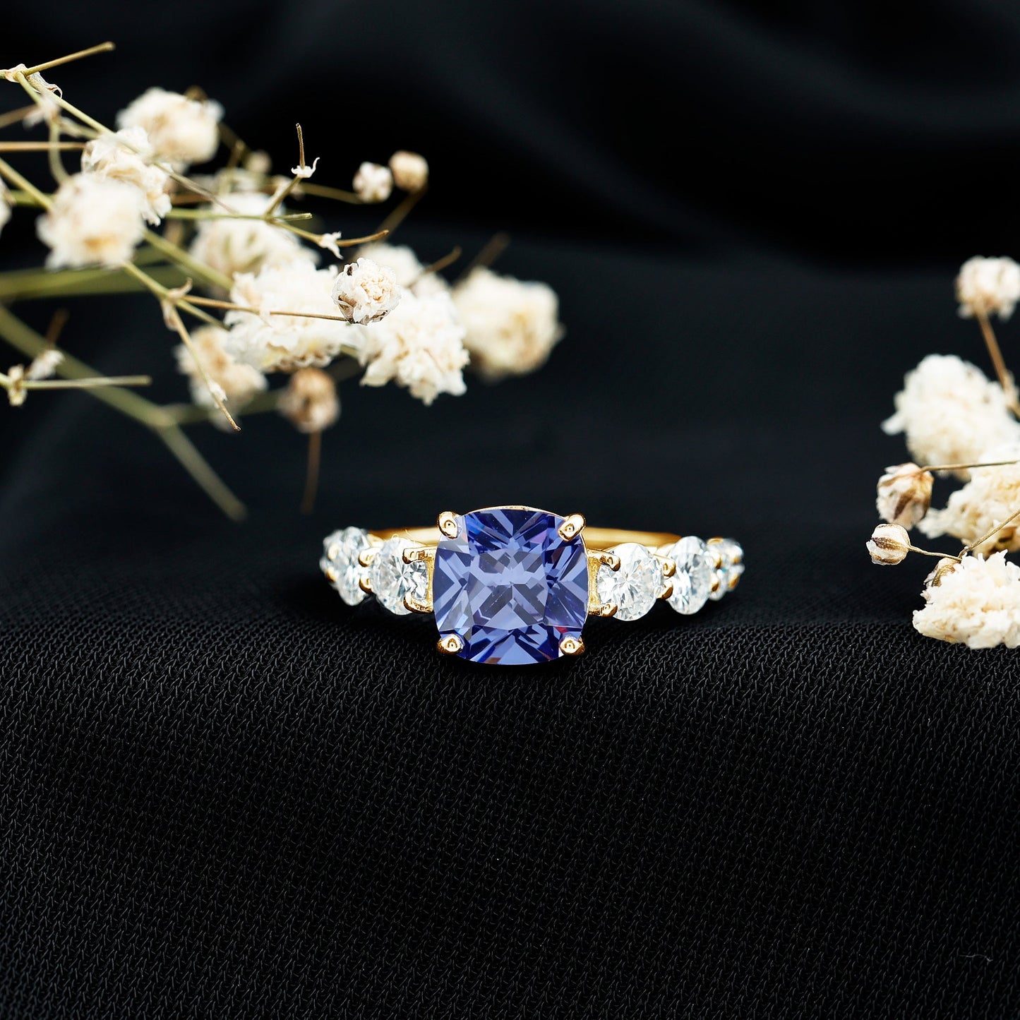 Certified 2.75 Carat Lab Grown Blue Sapphire Cushion Cut Engagement Ring with Moissanite