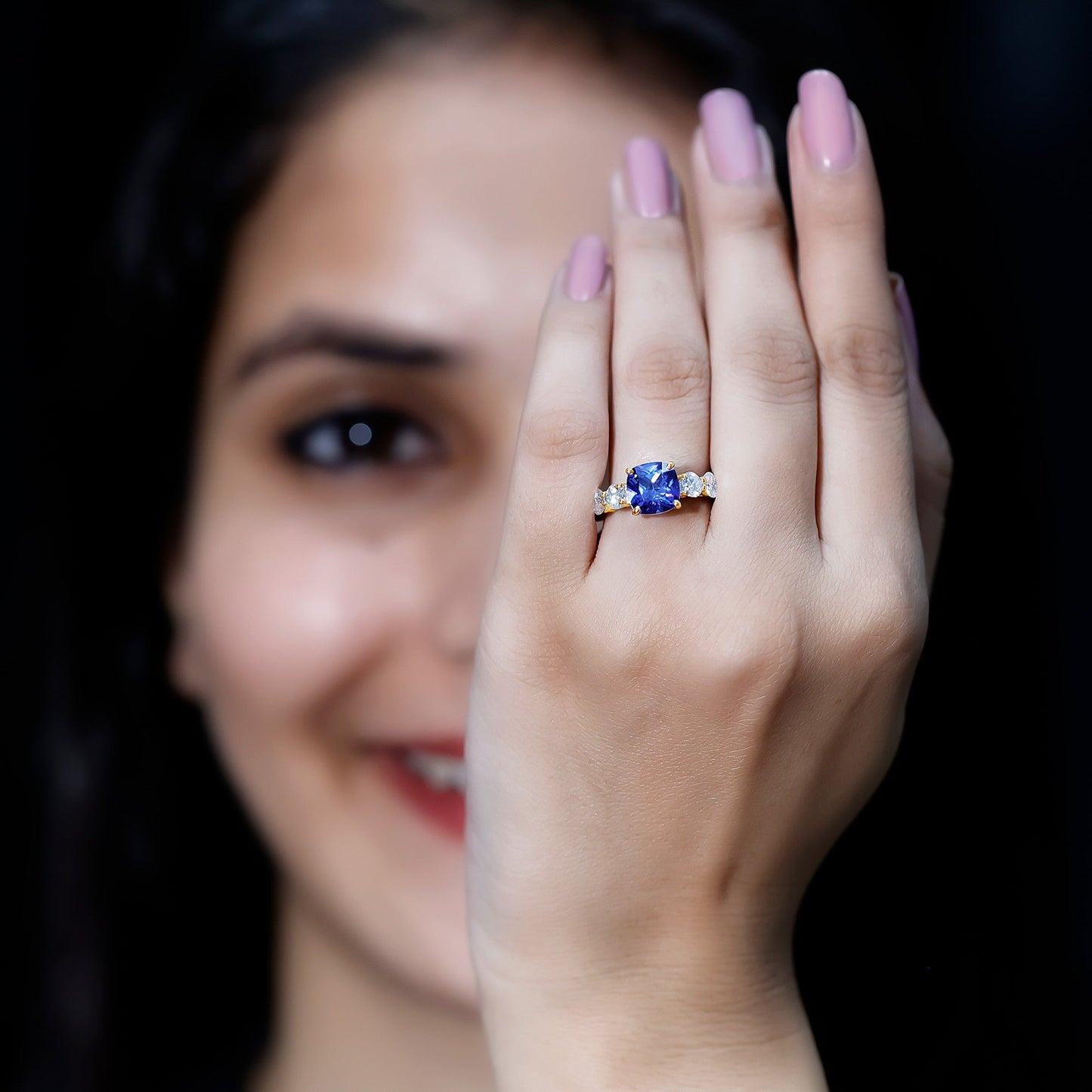 Certified 2.75 Carat Lab Grown Blue Sapphire Cushion Cut Engagement Ring with Moissanite