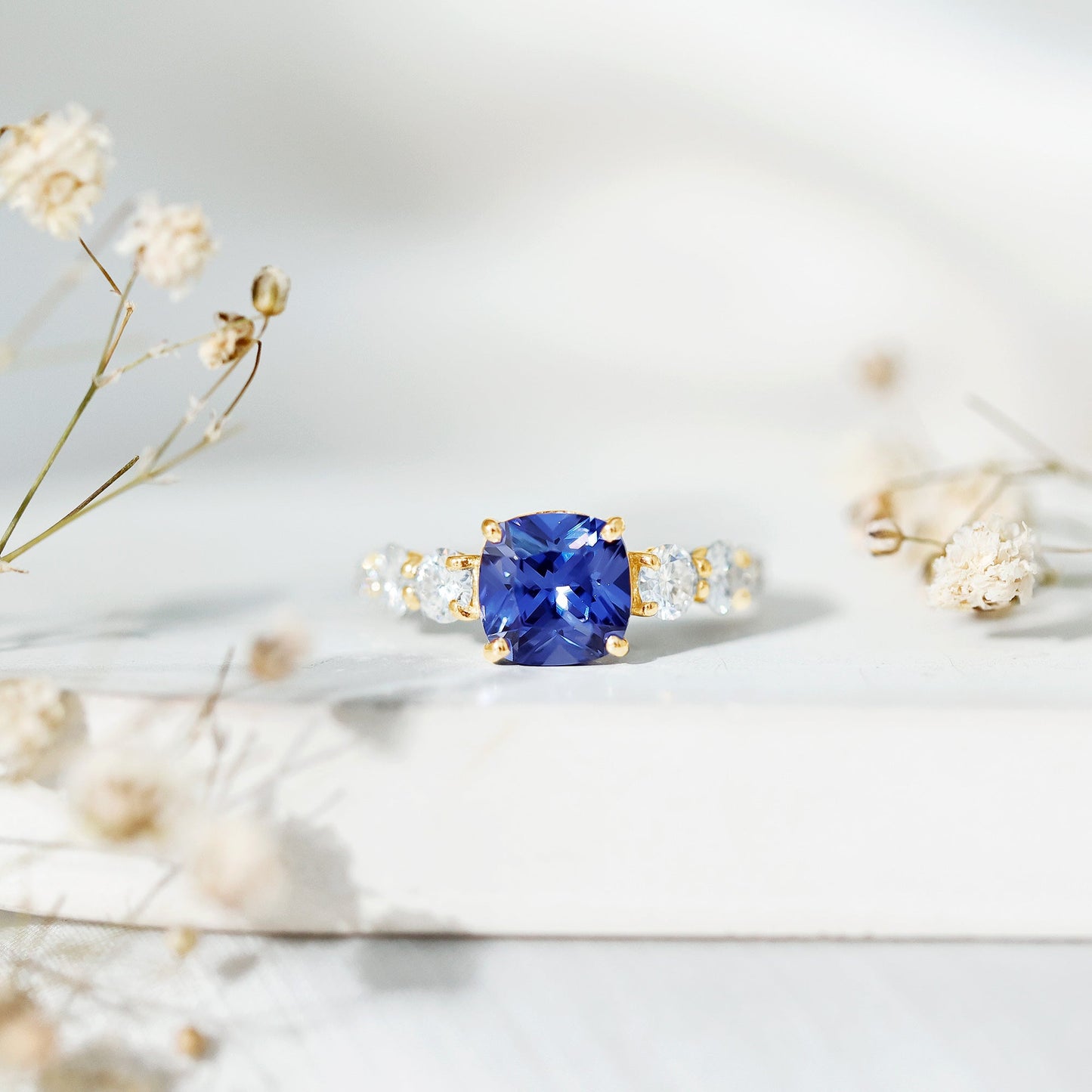 Certified 2.75 Carat Lab Grown Blue Sapphire Cushion Cut Engagement Ring with Moissanite