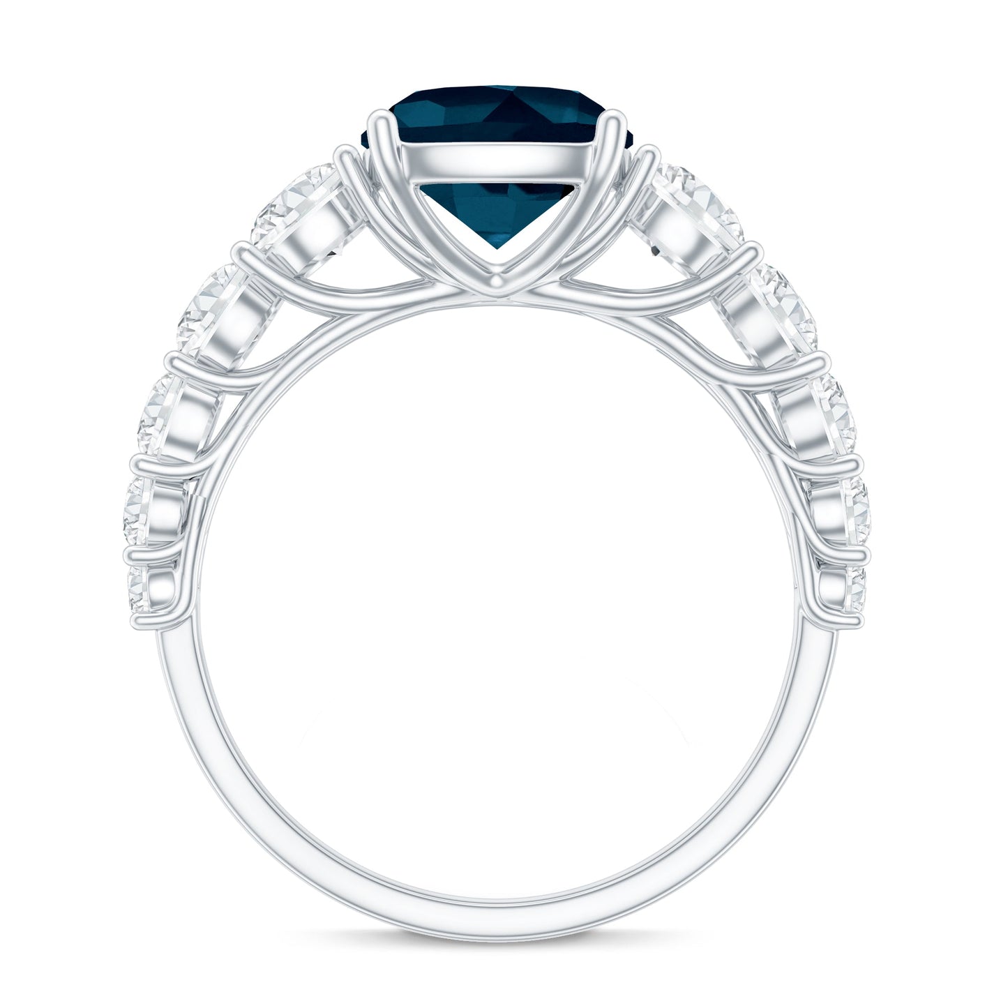 2.8 Carat Cushion Cut London Blue Topaz Solitaire Engagement Ring with Moissanite Side Stones