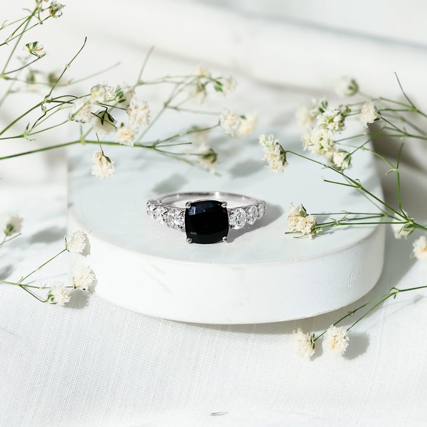 Certified 2.8 Carat Lab Grown Black Diamond Cushion Cut Engagement Ring with Moissanite