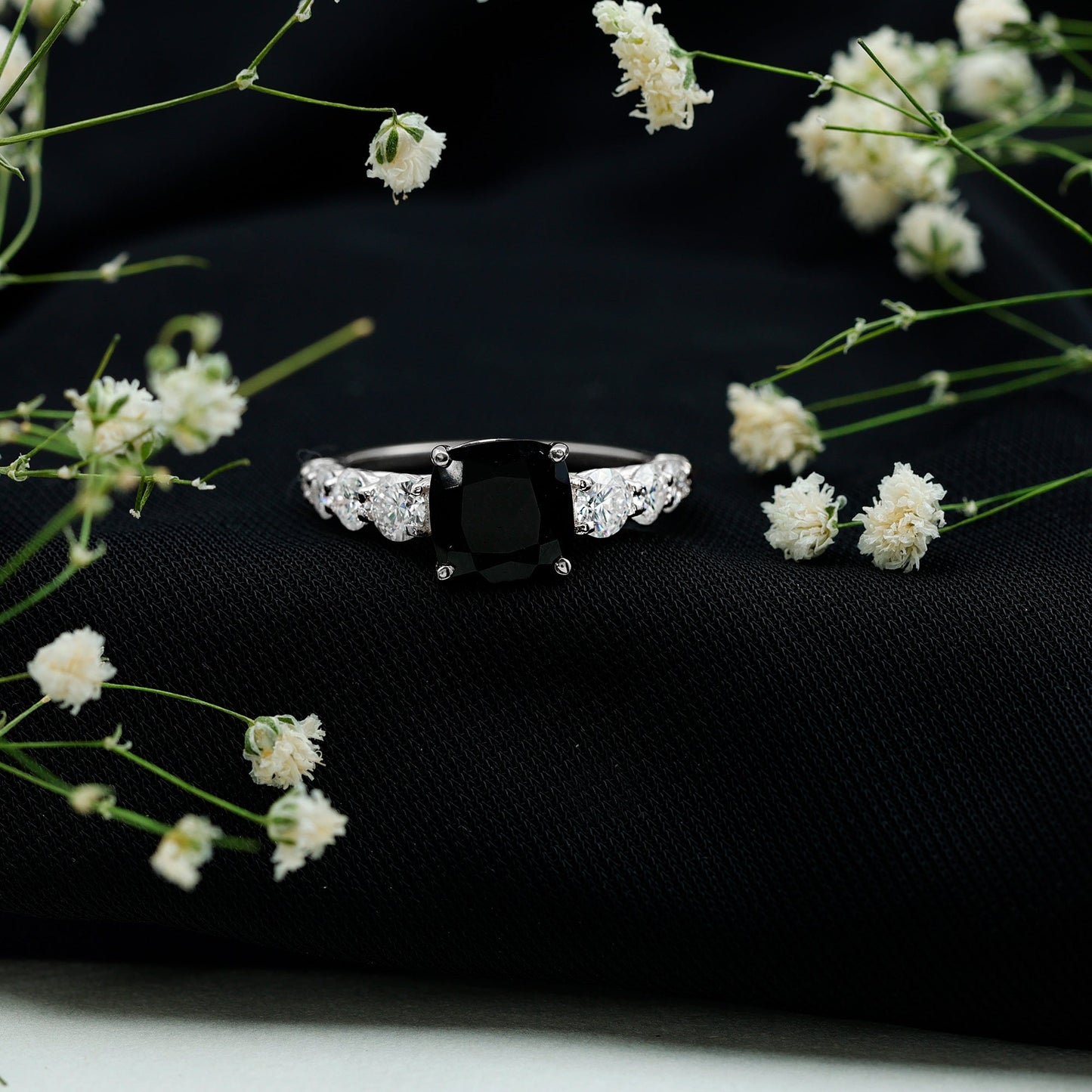 Certified 2.8 Carat Lab Grown Black Diamond Cushion Cut Engagement Ring with Moissanite