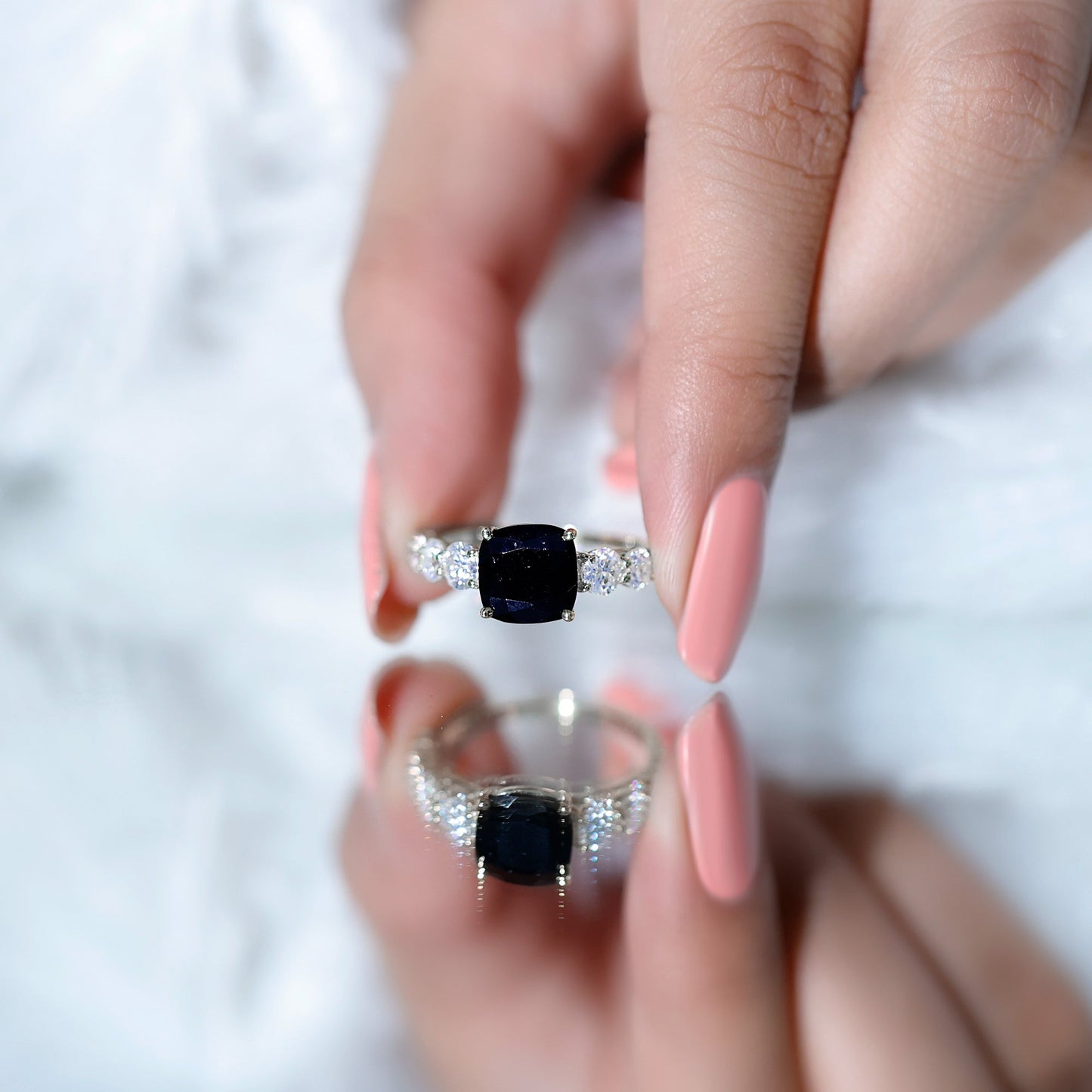 Certified 2.8 Carat Lab Grown Black Diamond Cushion Cut Engagement Ring with Moissanite