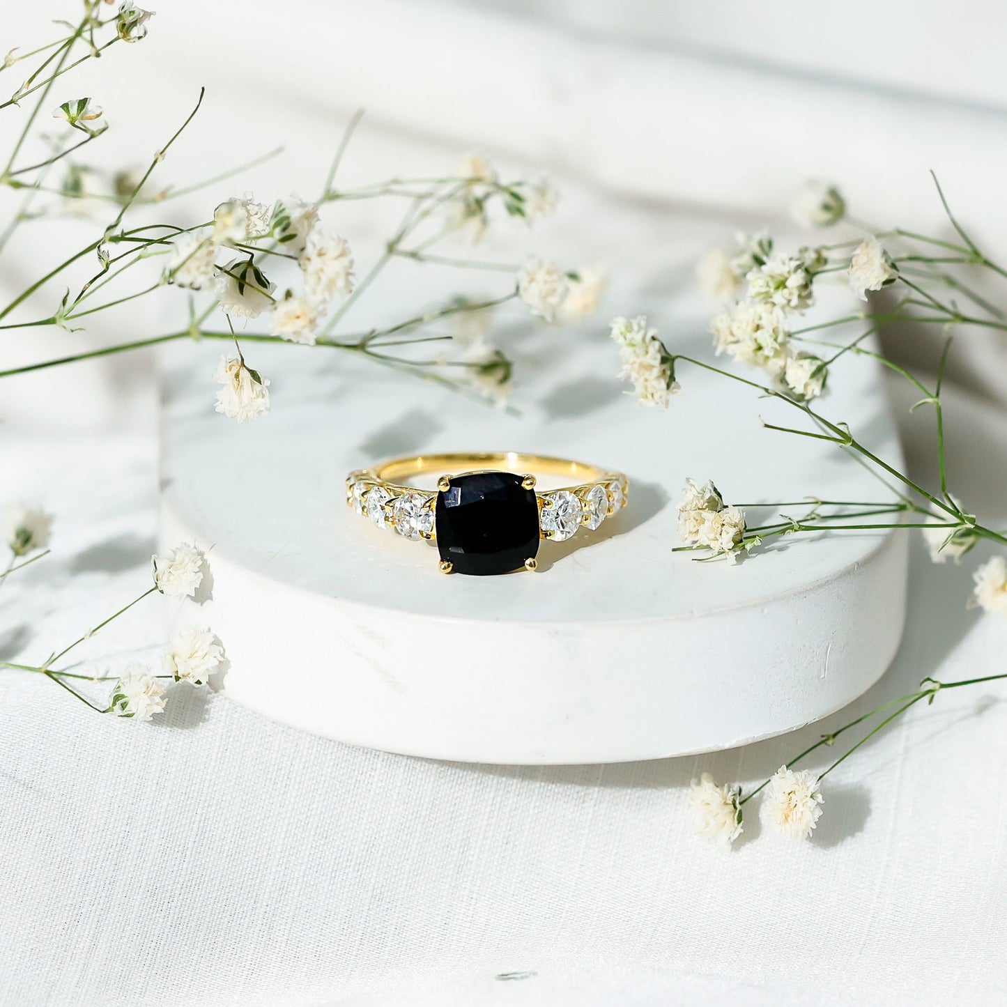 Certified 2.8 Carat Lab Grown Black Diamond Cushion Cut Engagement Ring with Moissanite