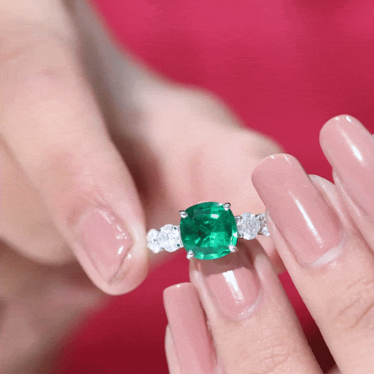 Lab Grown Emerald 2 Carat Cushion Engagement Ring with Moissanite Side Stones