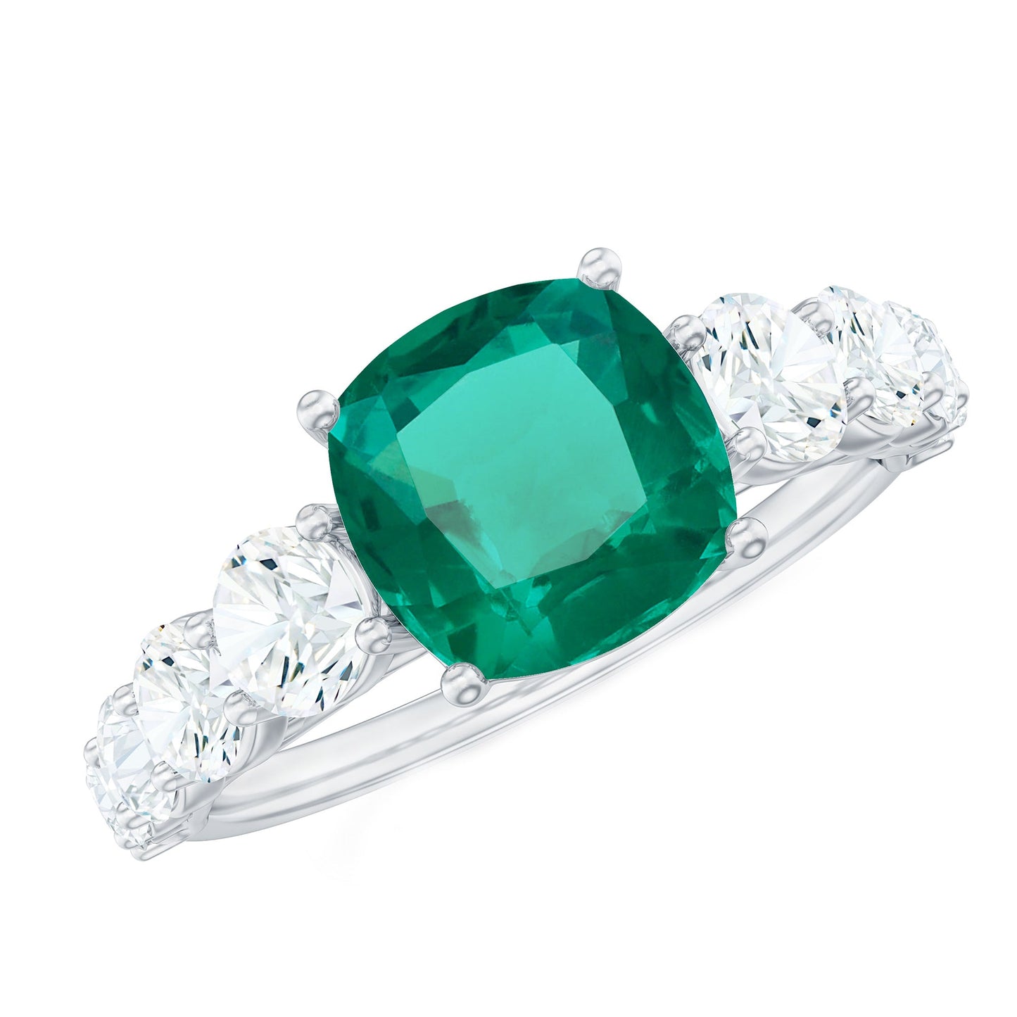 Lab Grown Emerald 2 Carat Cushion Engagement Ring with Moissanite Side Stones