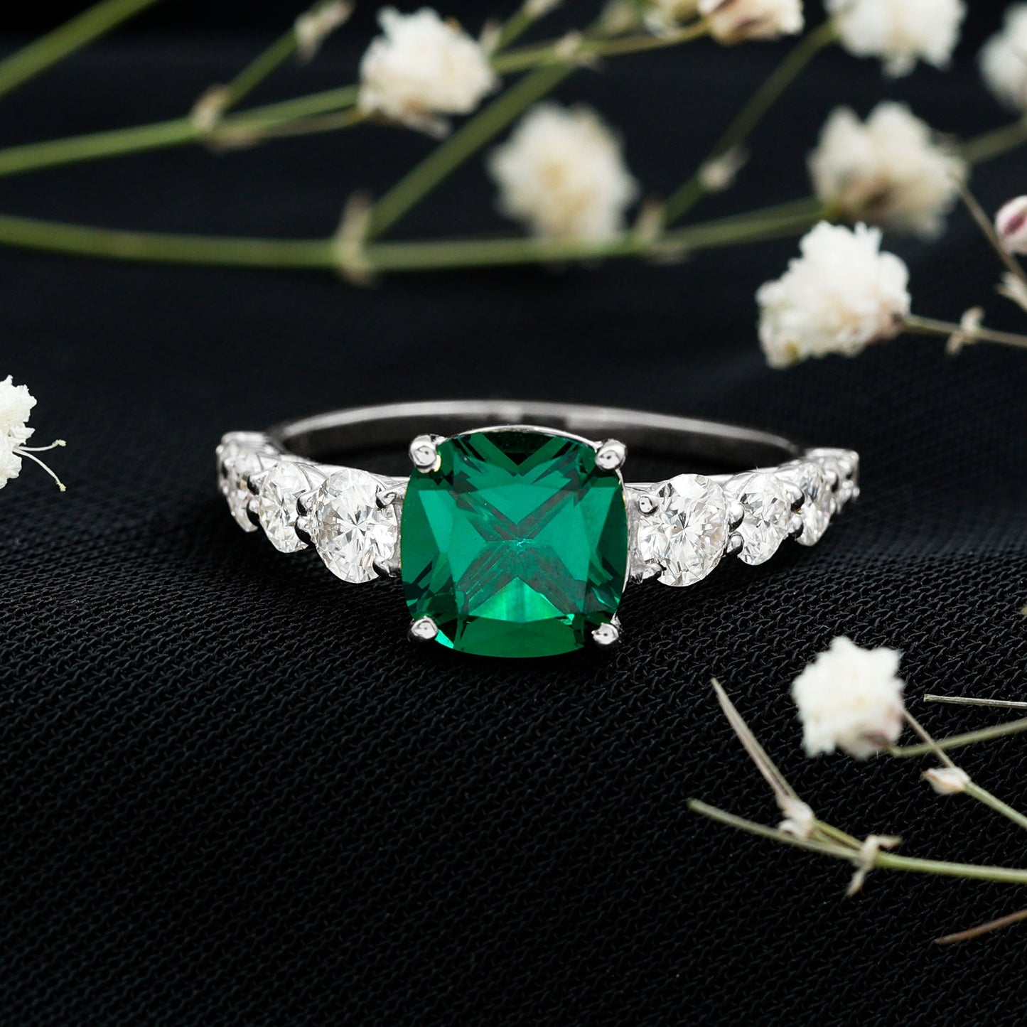 Lab Grown Emerald 2 Carat Cushion Engagement Ring with Moissanite Side Stones