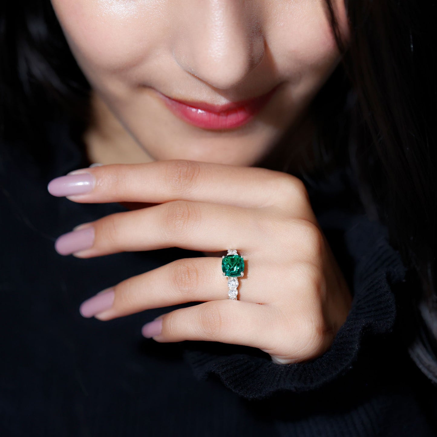 Lab Grown Emerald 2 Carat Cushion Engagement Ring with Moissanite Side Stones