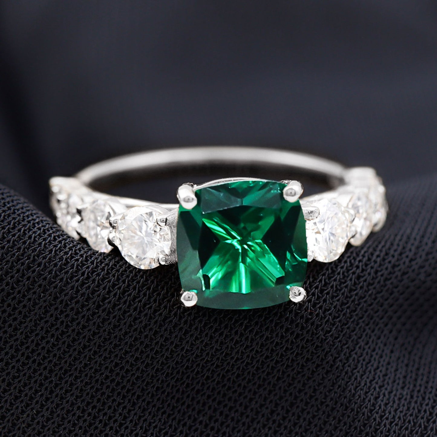 Lab Grown Emerald 2 Carat Cushion Engagement Ring with Moissanite Side Stones