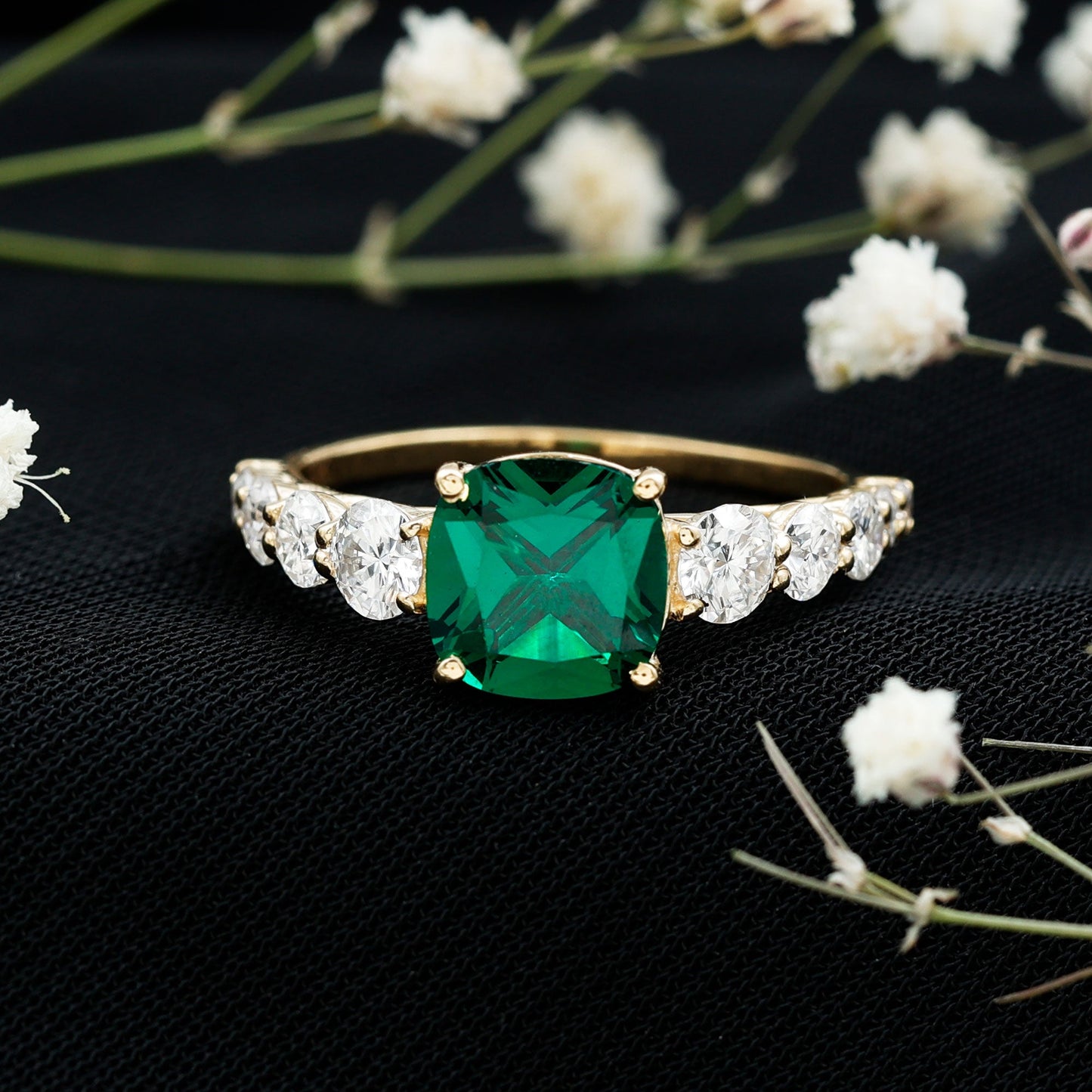 Lab Grown Emerald 2 Carat Cushion Engagement Ring with Moissanite Side Stones