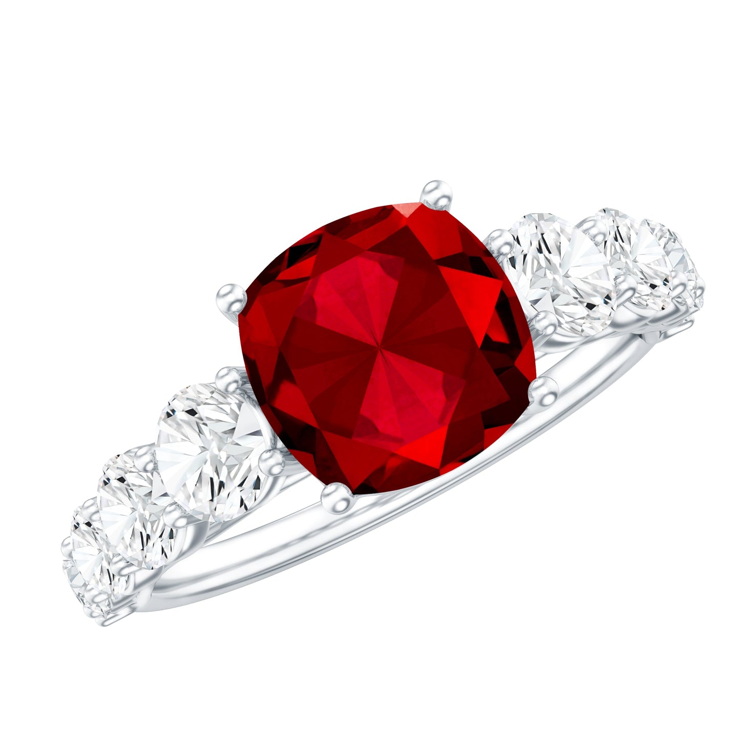 2 Carat Cushion Cut Lab Created Ruby Engagement Ring with Side Stones