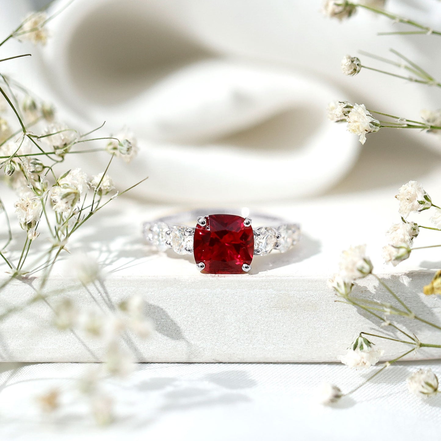 2 Carat Cushion Cut Lab Created Ruby Engagement Ring with Side Stones