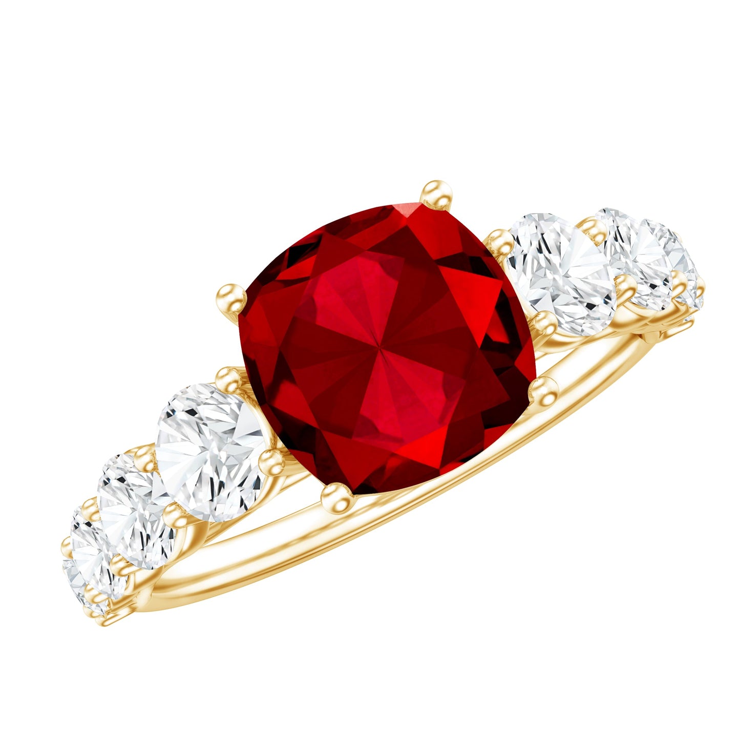 2 Carat Cushion Cut Lab Created Ruby Engagement Ring with Side Stones