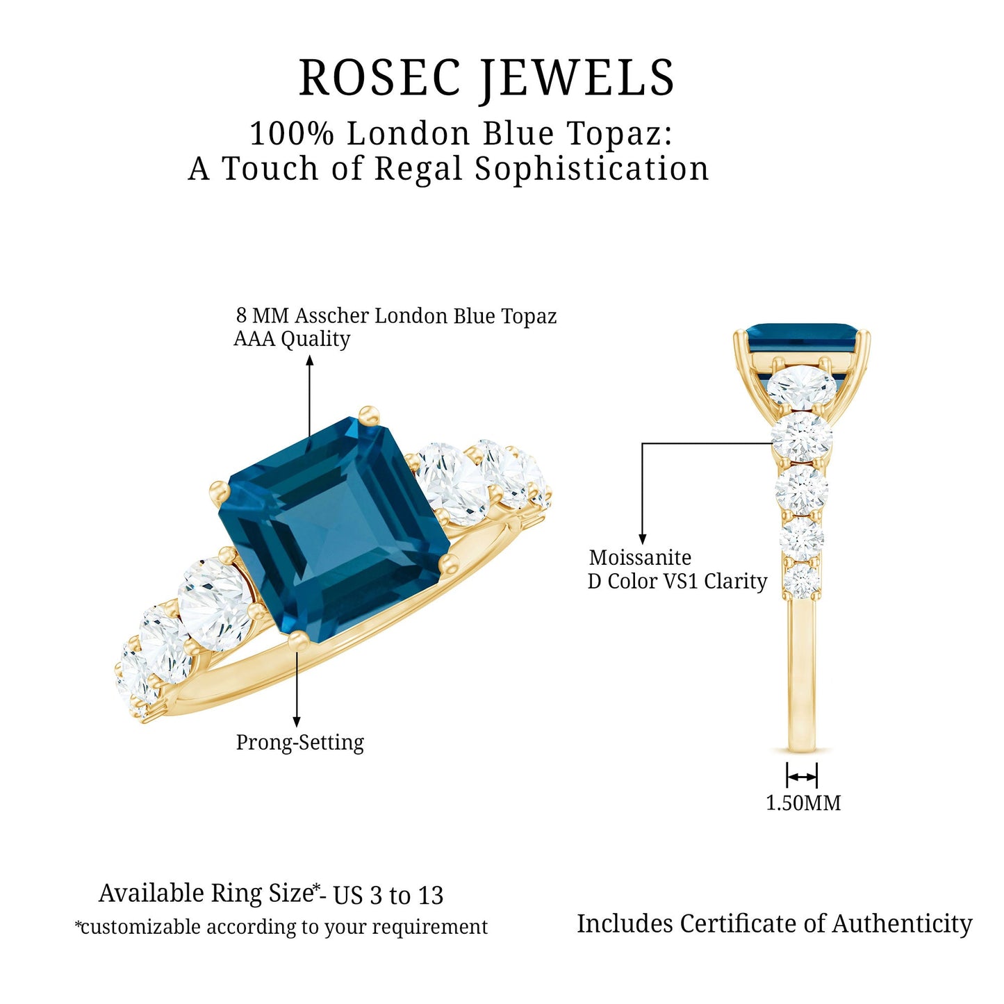 3 Carat Asscher Cut London Blue Topaz Solitaire Engagement Ring with Moissanite