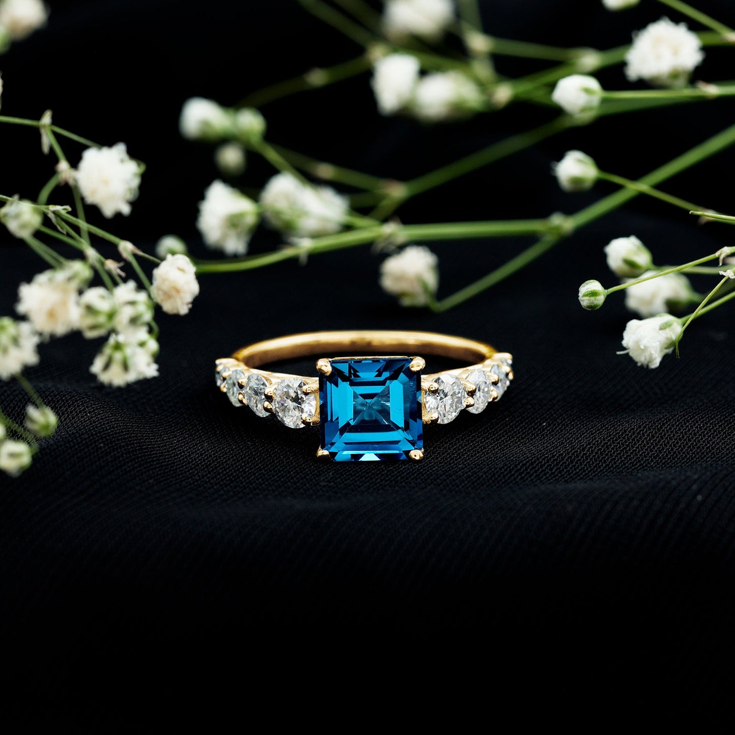 3 Carat Asscher Cut London Blue Topaz Solitaire Engagement Ring with Moissanite