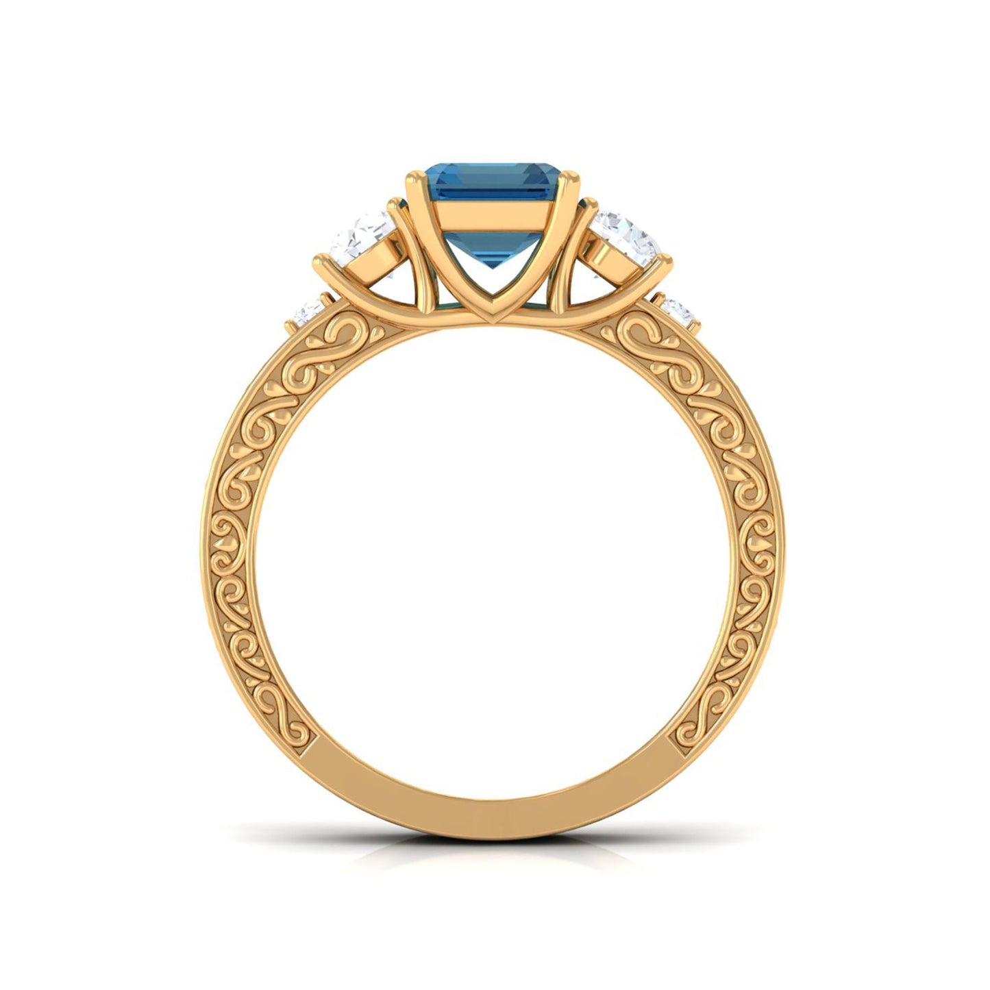 2.25 Carat Emerald Cut London Blue Topaz Statement Ring with Engraved Shank