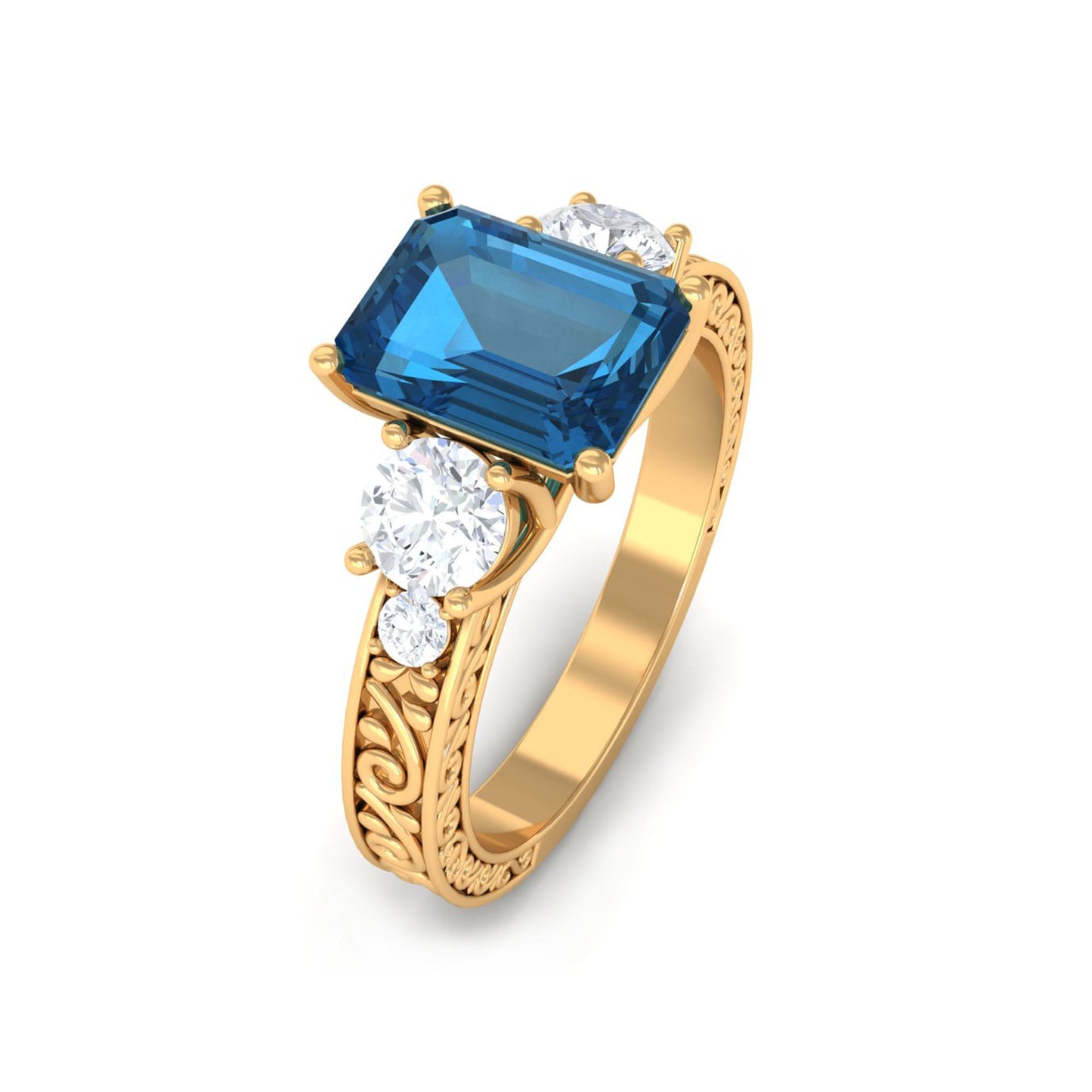 2.25 Carat Emerald Cut London Blue Topaz Statement Ring with Engraved Shank