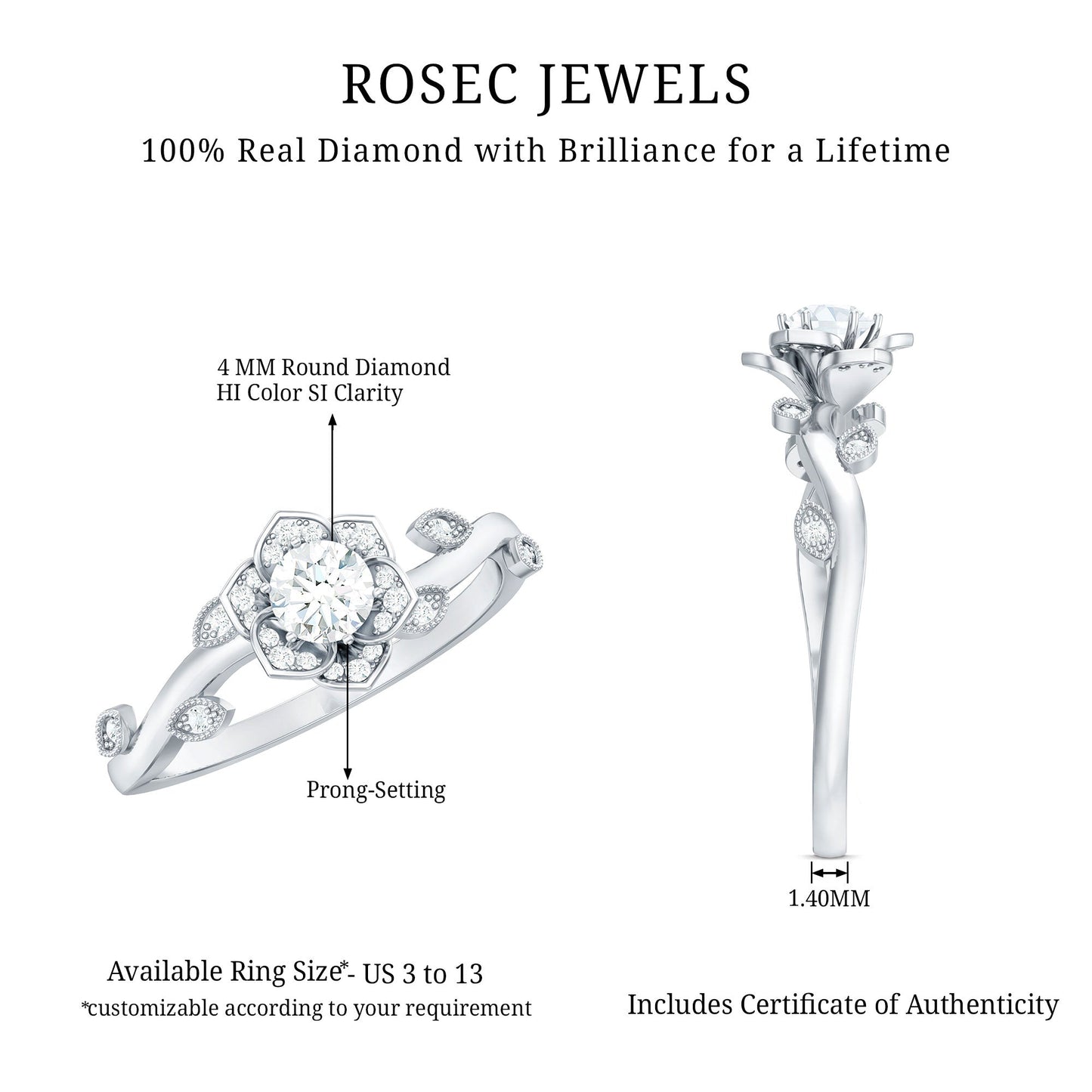 Natural Diamond Flower Engagement Ring For Women