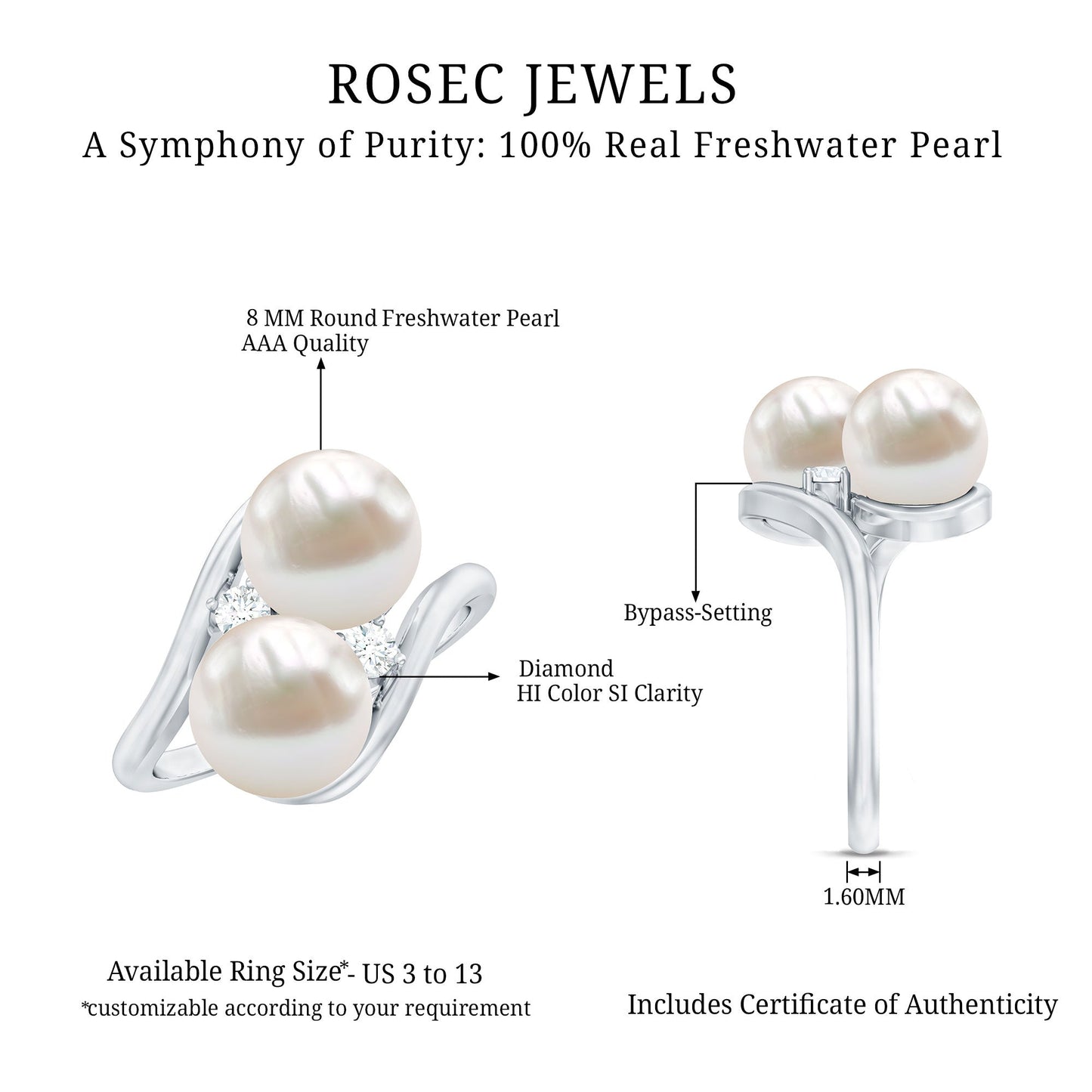 Freshwater Pearl Toi Et Moi Engagement Ring with Diamond