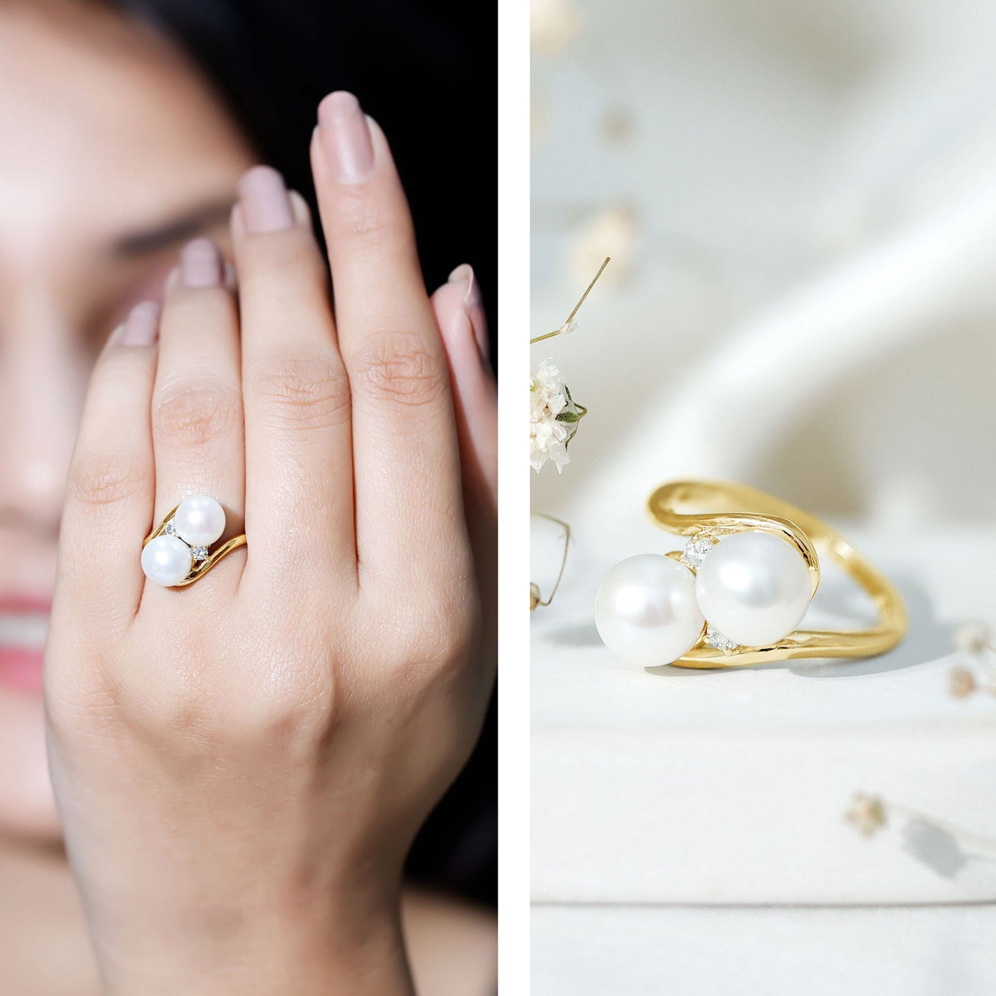 Freshwater Pearl Toi Et Moi Engagement Ring with Diamond