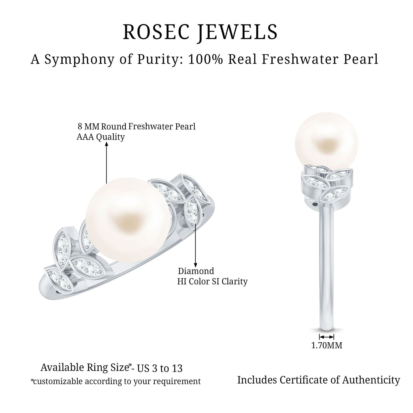 Freshwater Pearl Solitaire Engagement Ring with Diamond Leaf Shank