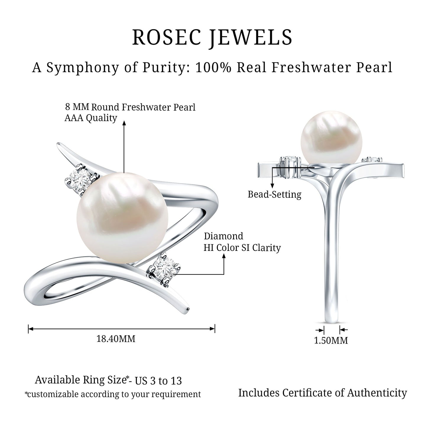 Cultured 7.4 Carat Freshwater Pearl Engagement Ring with Diamond Bypass Shank