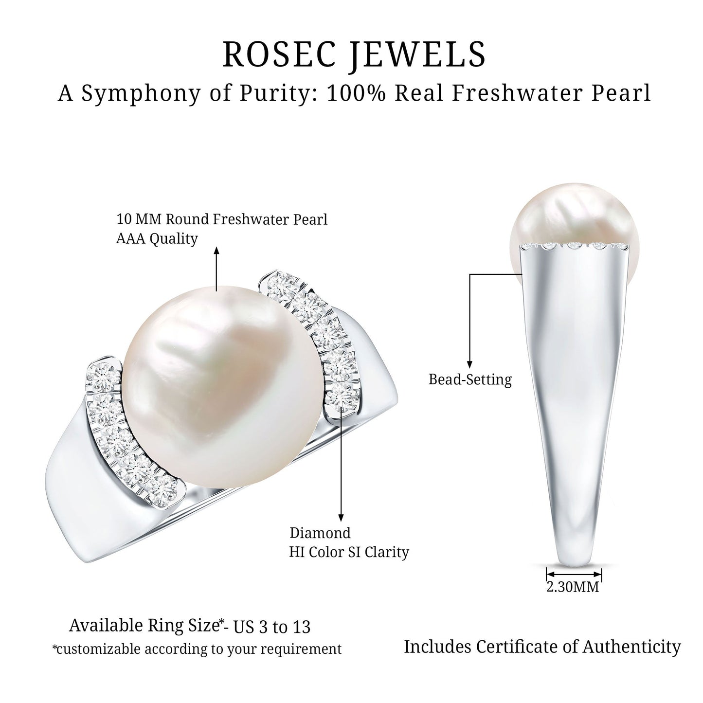 8 Carat Freshwater Pearl Statement Engagement Ring with Diamond