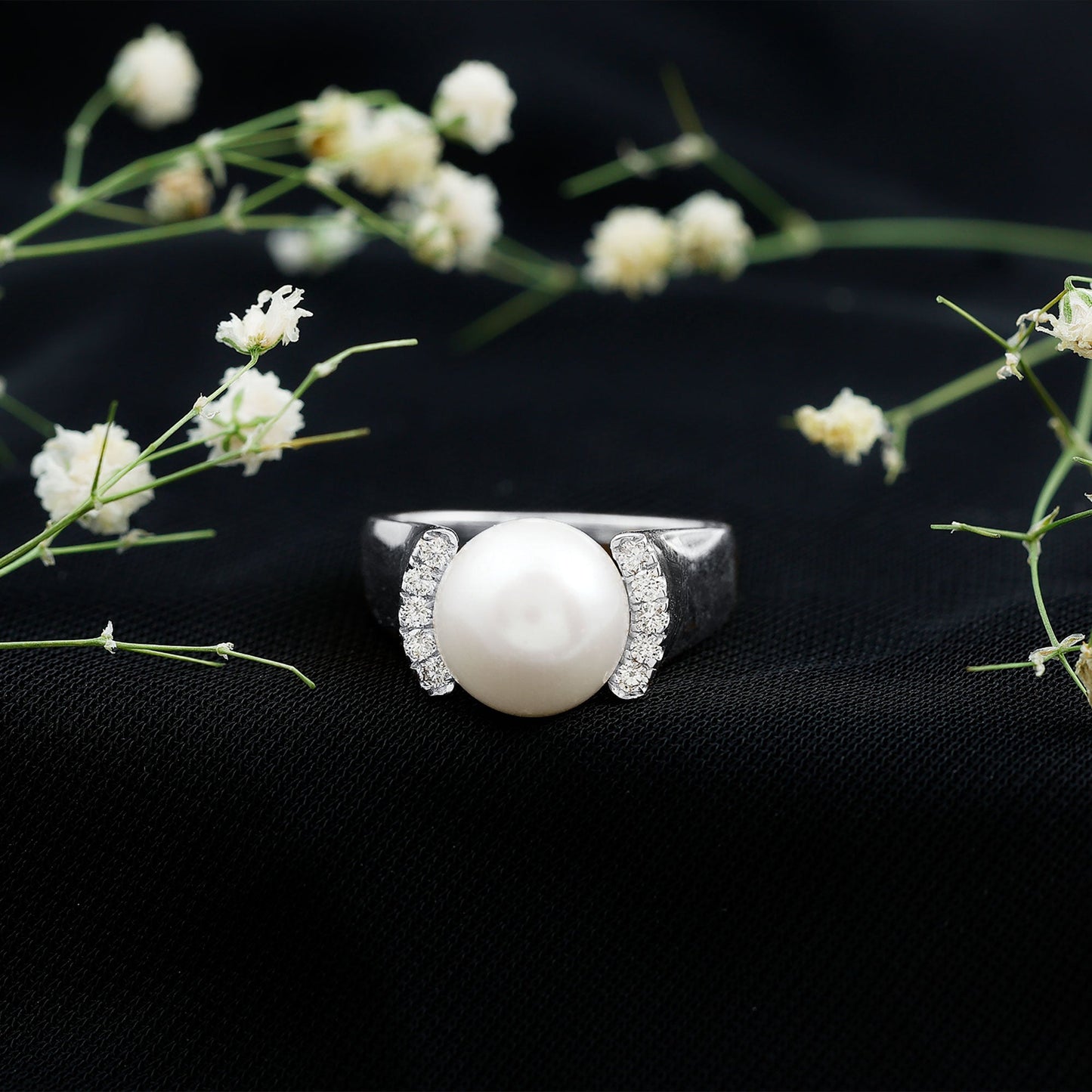 8 Carat Freshwater Pearl Statement Engagement Ring with Diamond