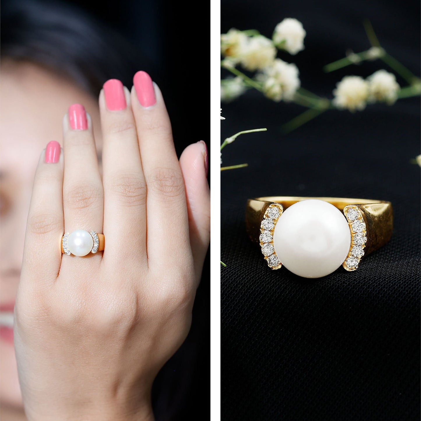 8 Carat Freshwater Pearl Statement Engagement Ring with Diamond