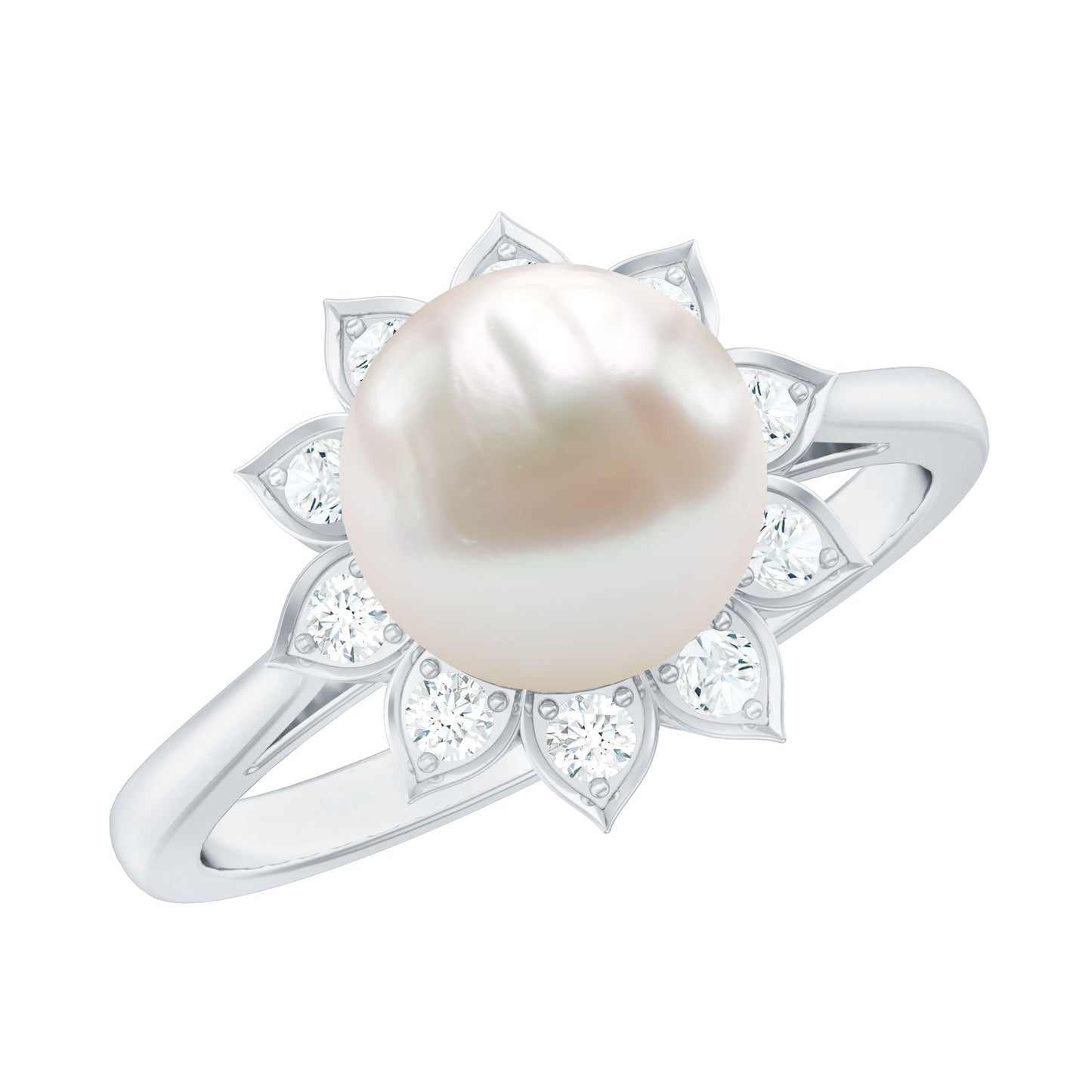Natural 7.4 Carat Freshwater Pearl Flower Engagement Ring with Diamond