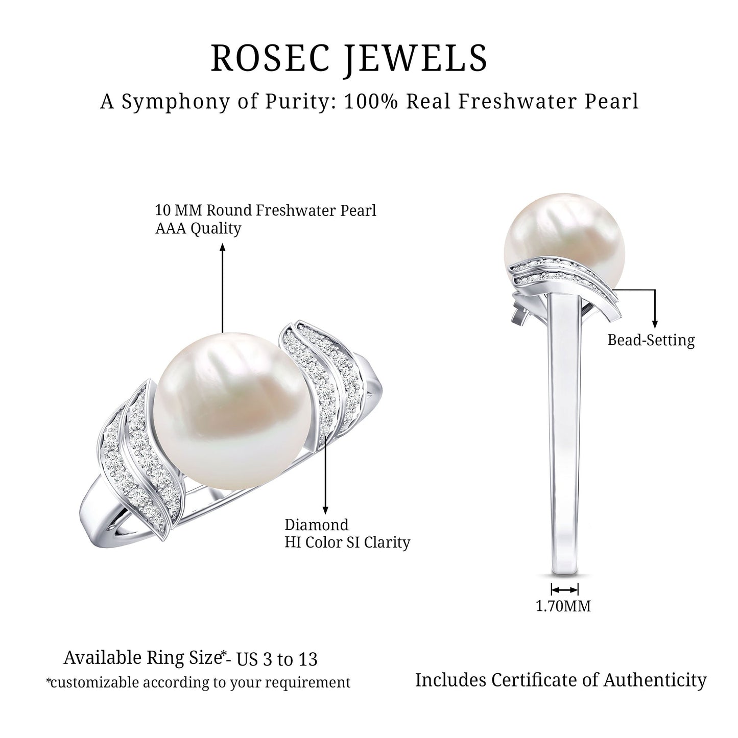 Real 8 Carat Freshwater Pearl Engagement Ring with Diamond for Women