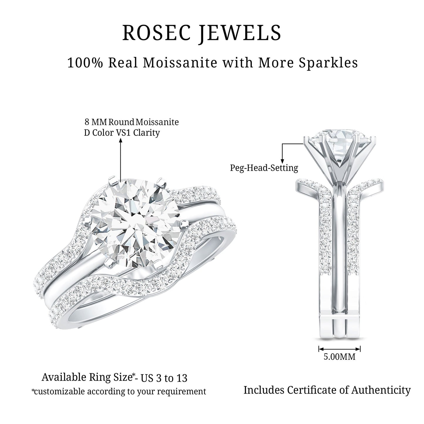 Certified 2 Carat Solitaire Moissanite Engagement Ring with 2 Enhancers