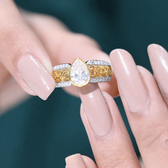 Bezel Set Moissanite Pear Engagement Ring with Filigree Details