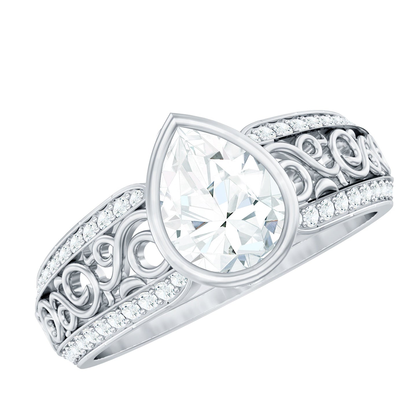 Bezel Set Moissanite Pear Engagement Ring with Filigree Details