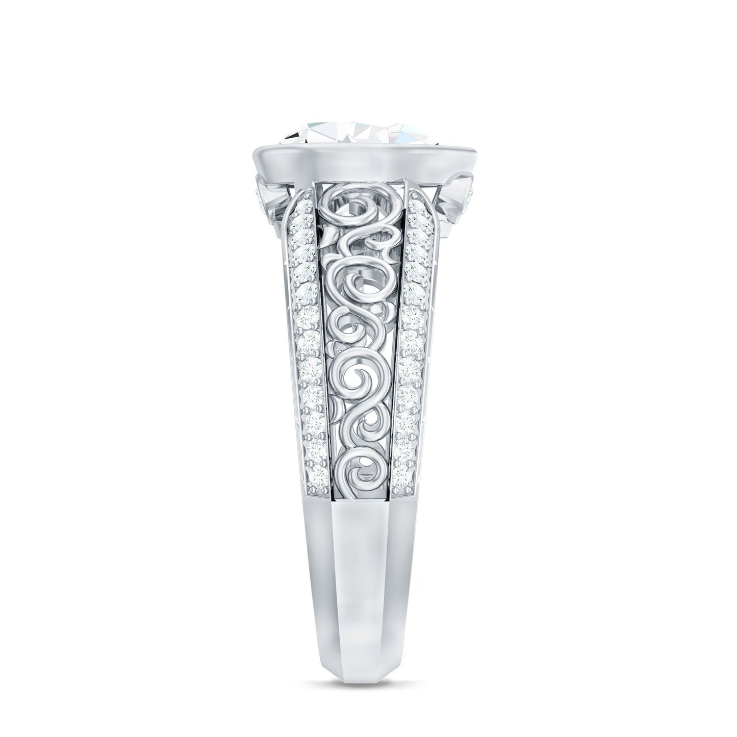 Bezel Set Moissanite Pear Engagement Ring with Filigree Details