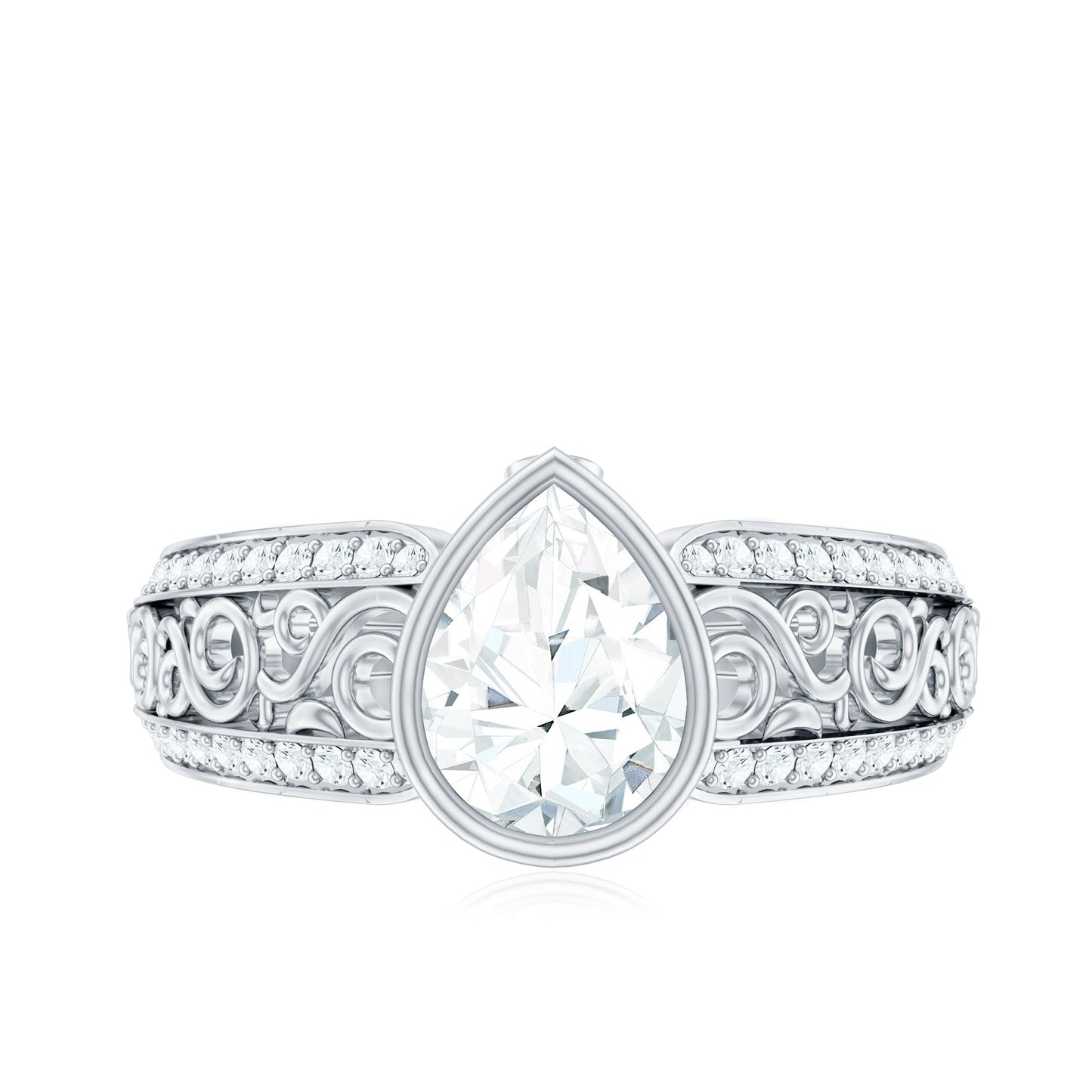 Bezel Set Moissanite Pear Engagement Ring with Filigree Details